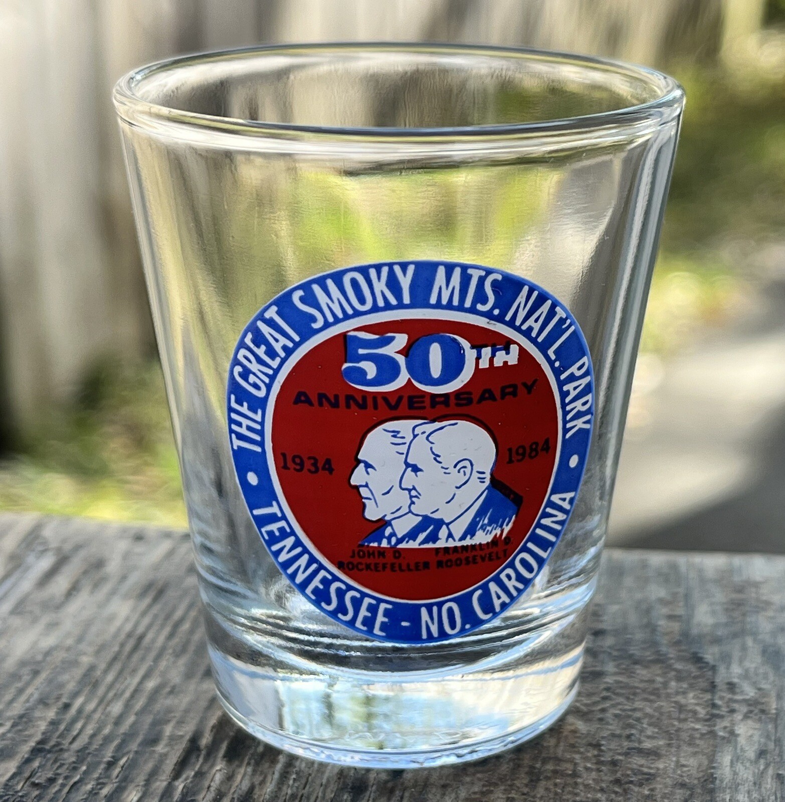 Great Smoky Mountains Nat’l Park 50th Anniversary Shot Glass Vintage 1984 NC TN