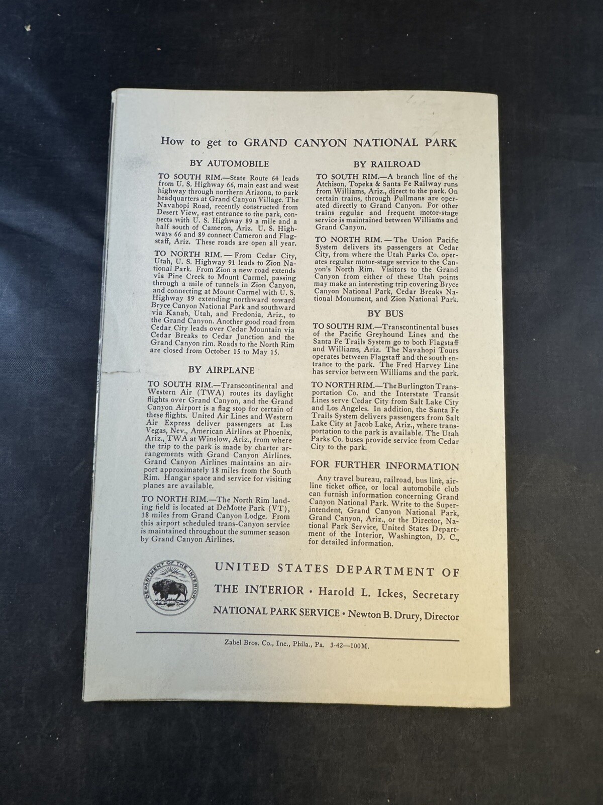 Vintage 1940’s Grand Canyon Arizona National Park Brochure Pamphlet Map Guide