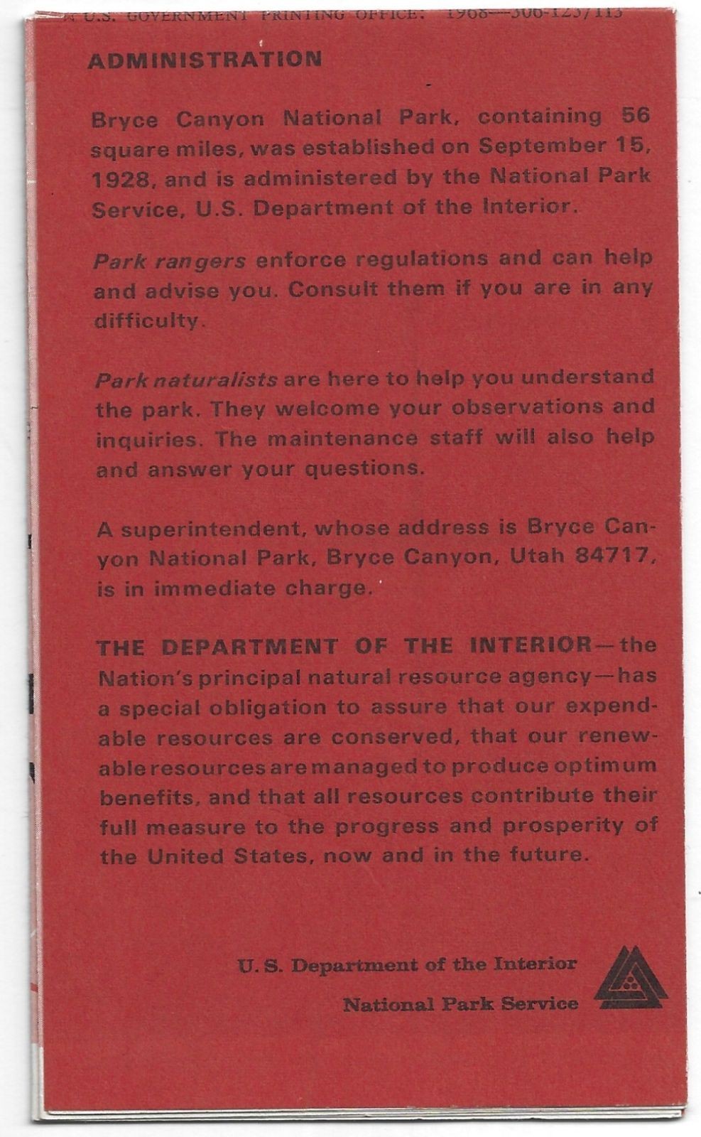 Bryce Canyon National Park Utah 1968 Vintage Brochure Travel Tourism Map