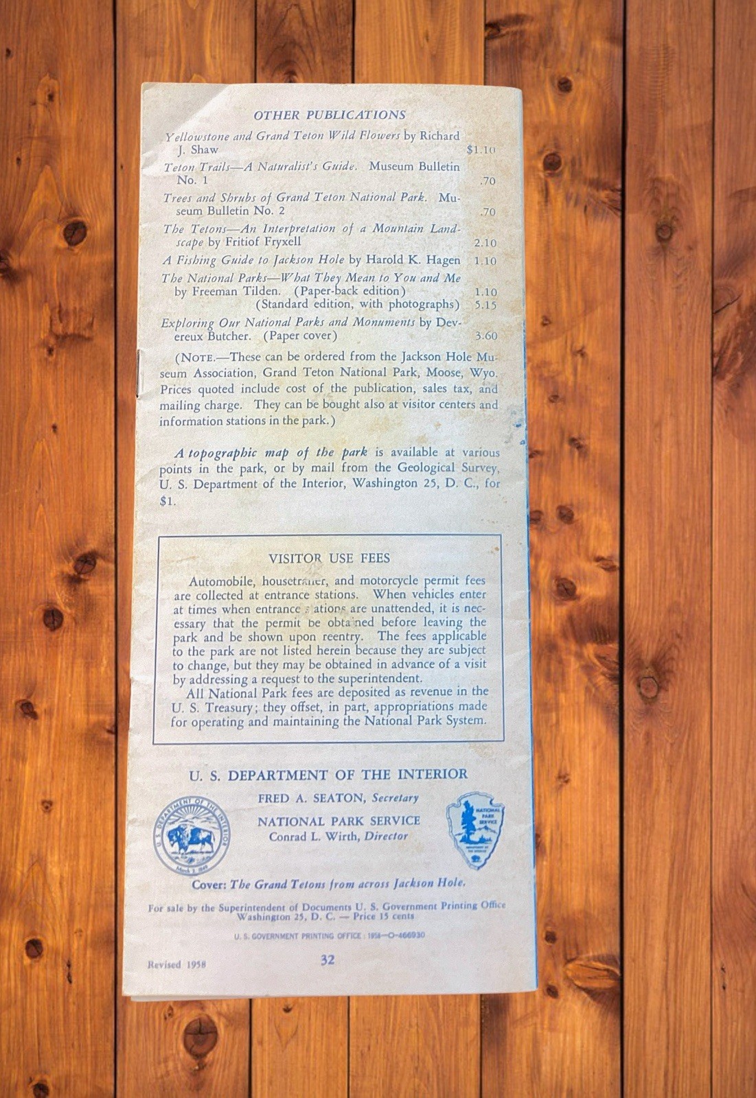 Grand Teton National Park Wyoming Brochure with Map 1958 US Dept of the Interior
