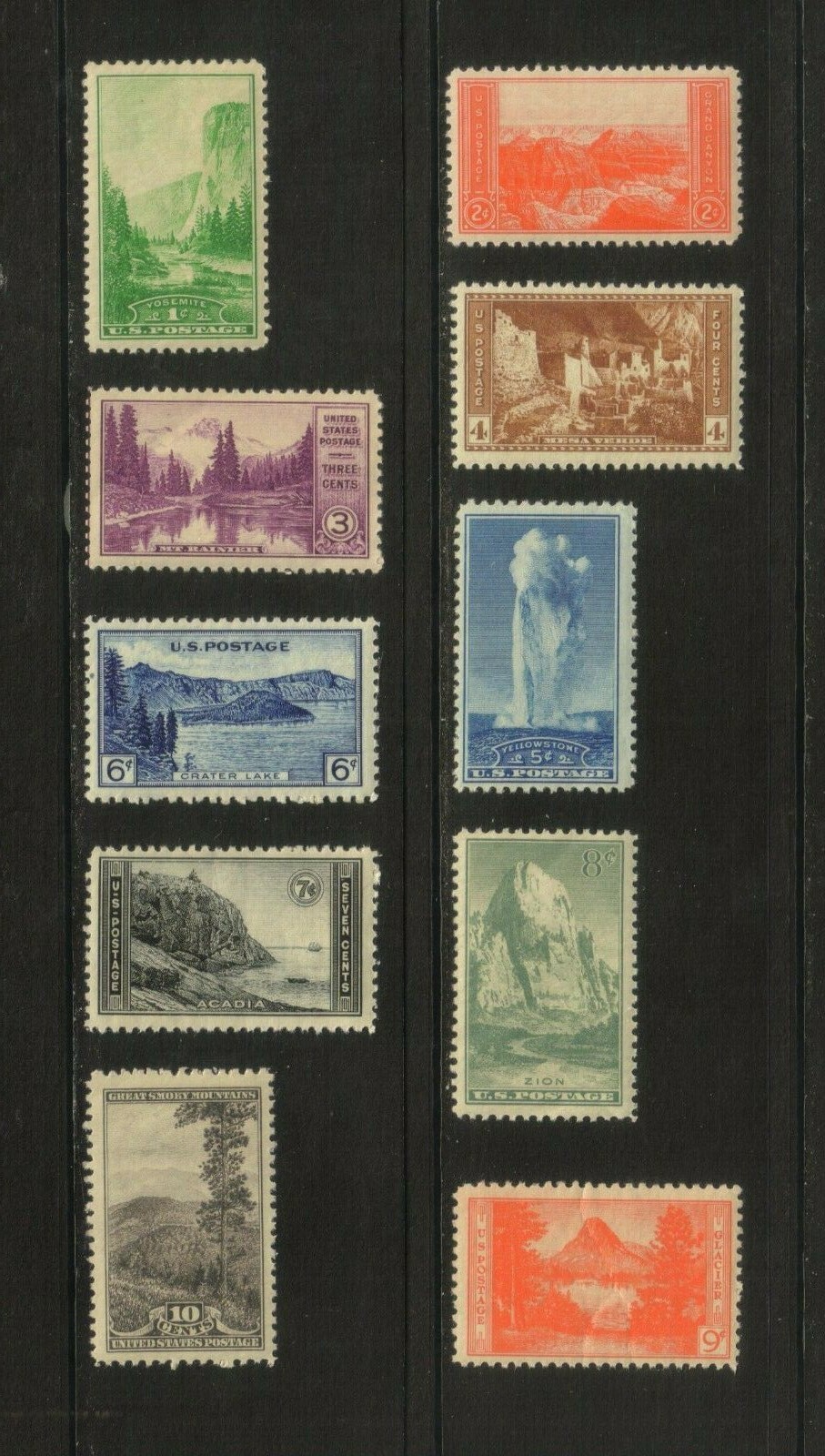 US National Parks Postage Stamps – Set of 10 Issued in 1934 – Mint Condition