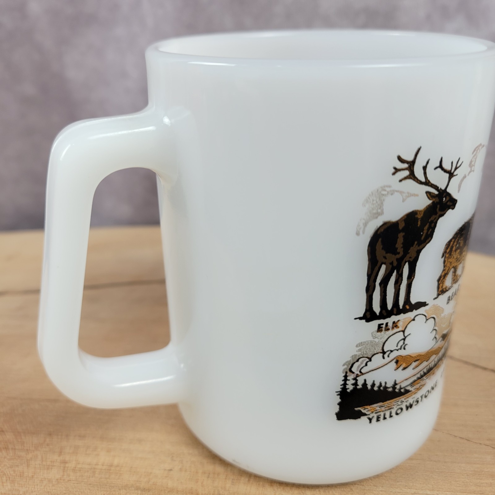 Vintage Yellowstone National Park Mug Federal Milk Glass Cup White Gold Black