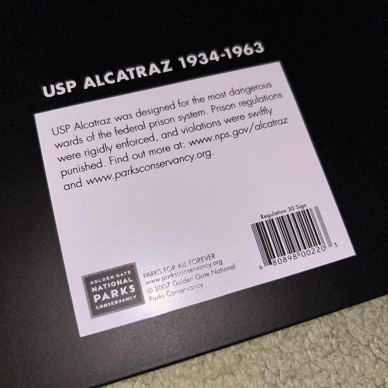 Alcatraz 1934-1963 Golden Gate National Parks Conservancy Sign Regulation #30