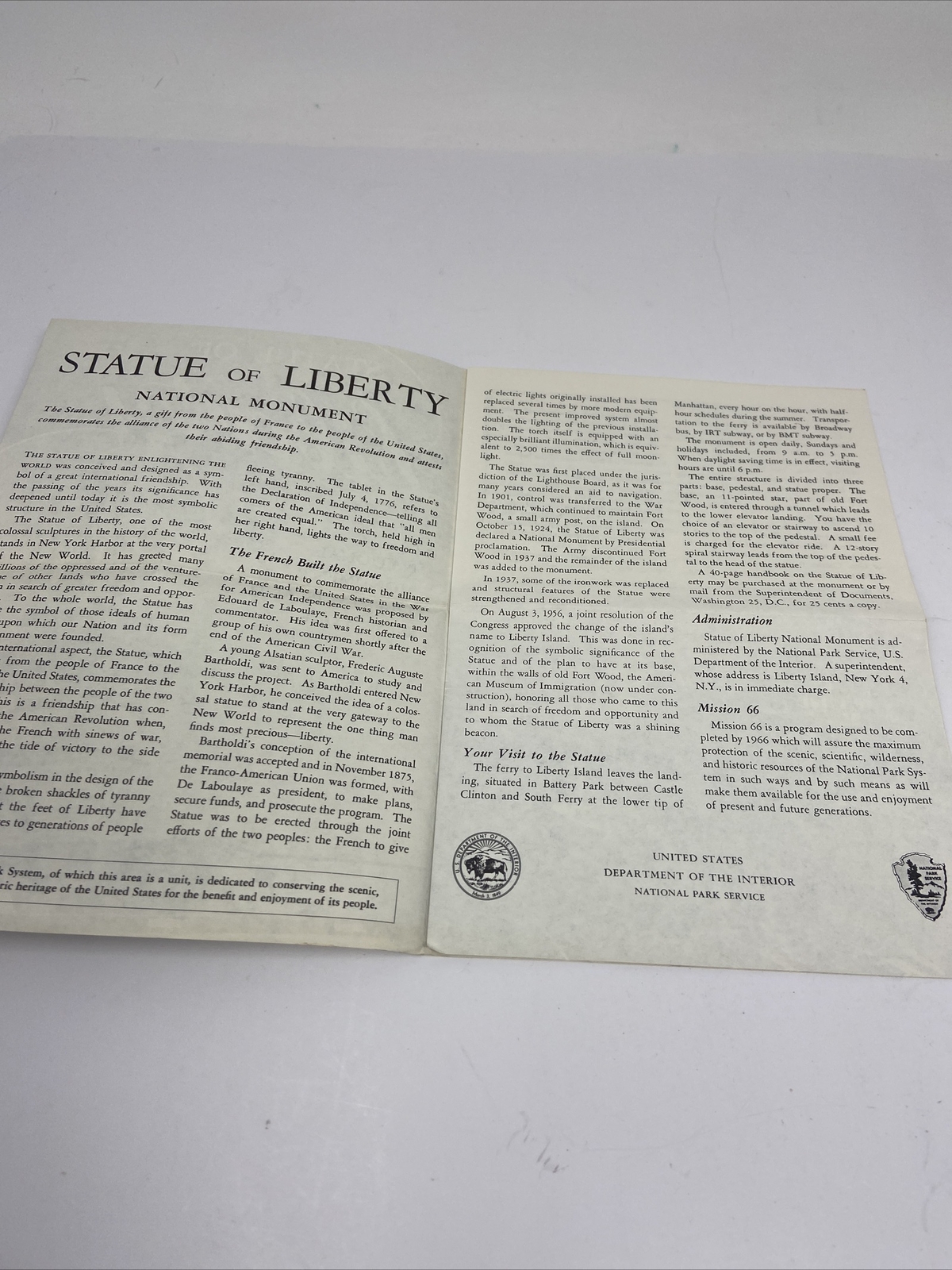 Vintage 1962 Statue of Liberty Brochure with Map National Monument Fold Out