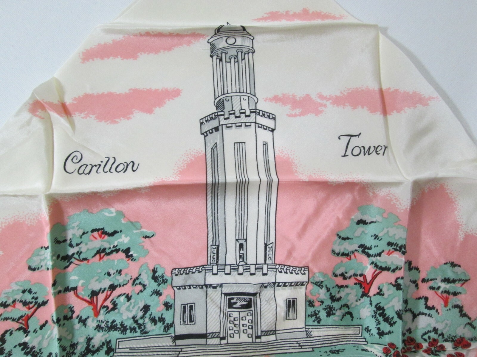VINTAGE 1950s Stanley Park Carillon Tower Westerfield MA UNUSED Silk Crepe Scarf