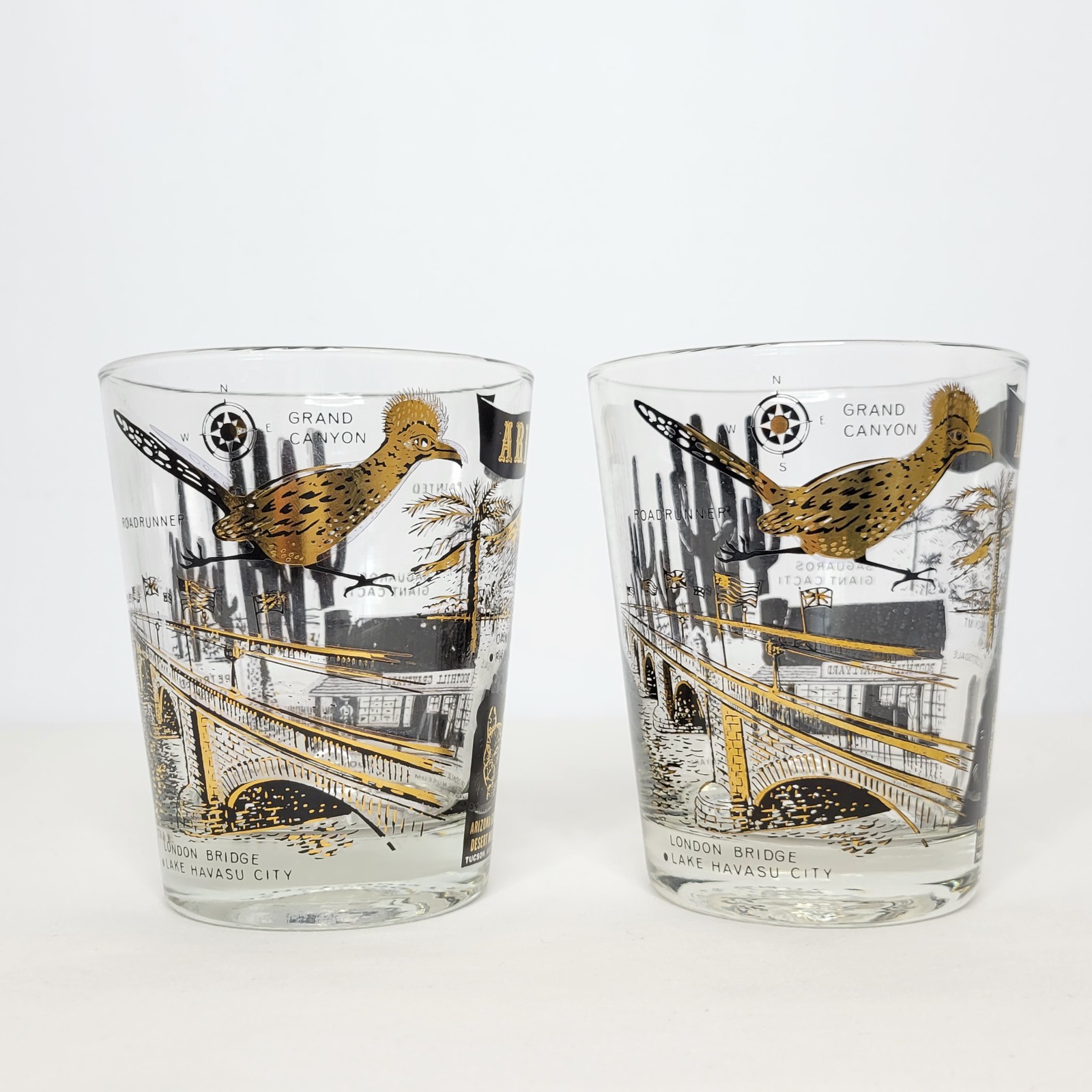 Set of 4 Vintage Mid Century Arizona Parks Low Ball Glasses Black and Gold
