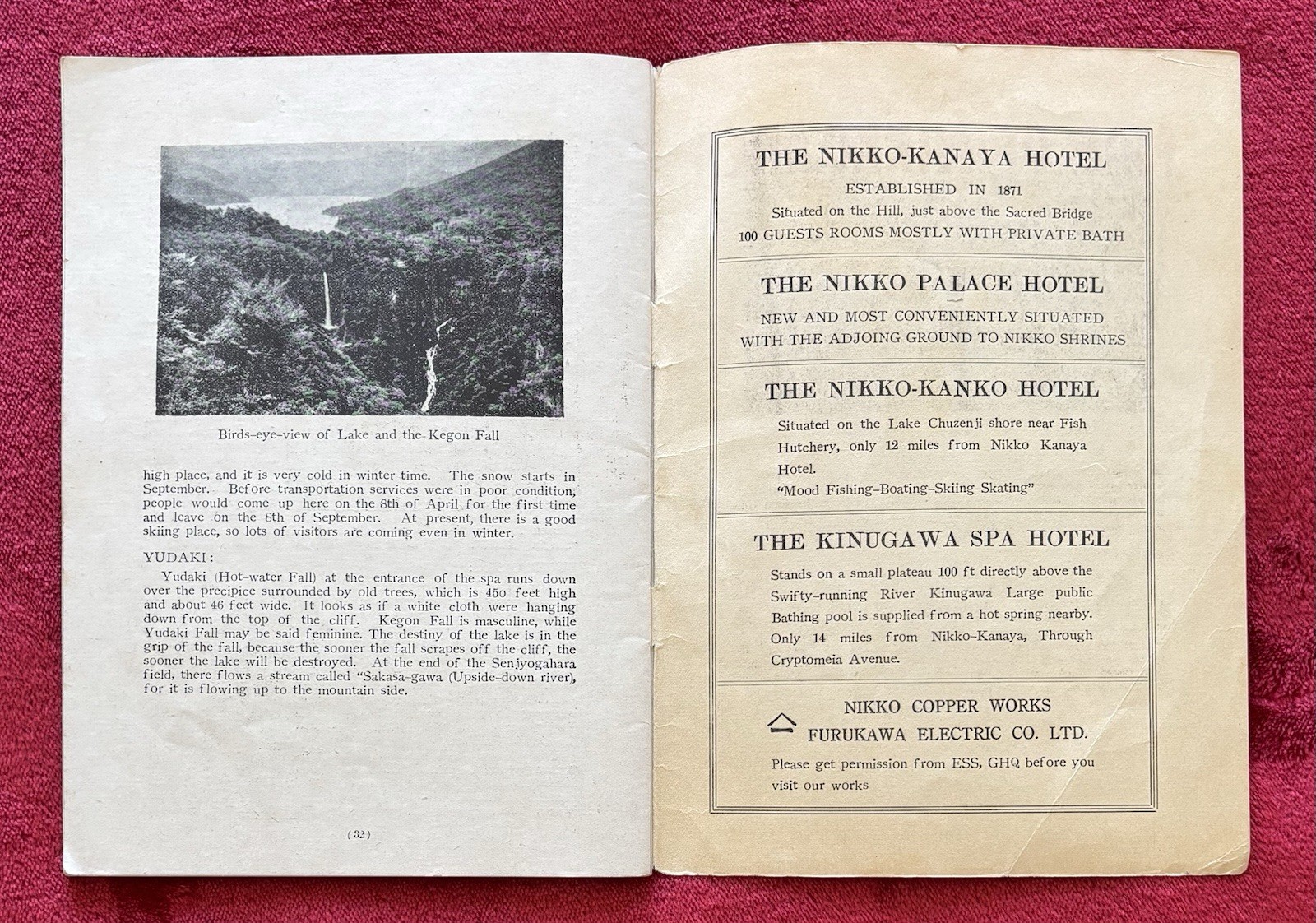 1951 HISTORY OF NIKKO JAPAN – NATIONAL PARK MAP & MAMPEI HOTEL MENU – KARUIZAWA