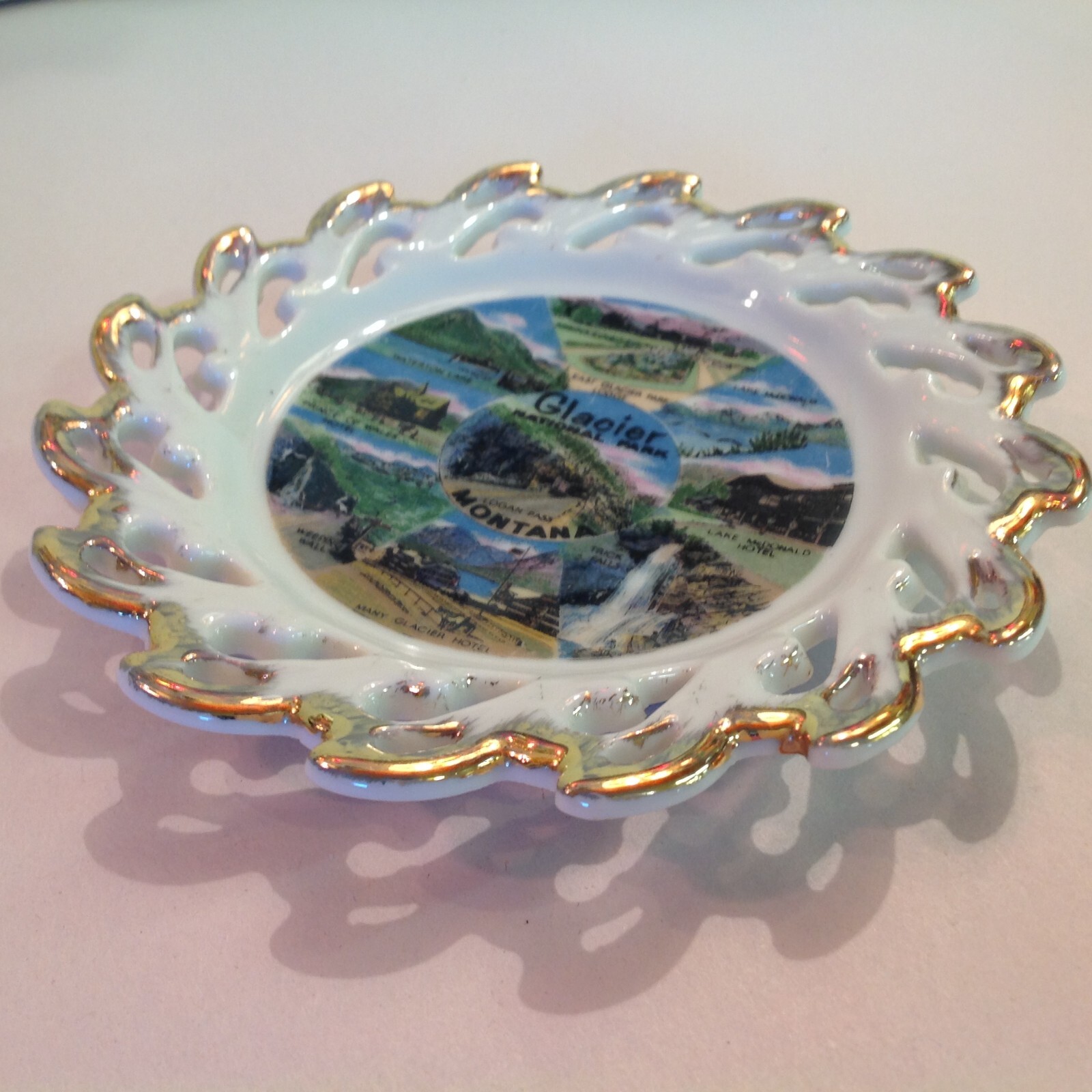 Vtg Souvenir Porcelain Tray Glacier Mountain National Park Scenes Lakes Hotels