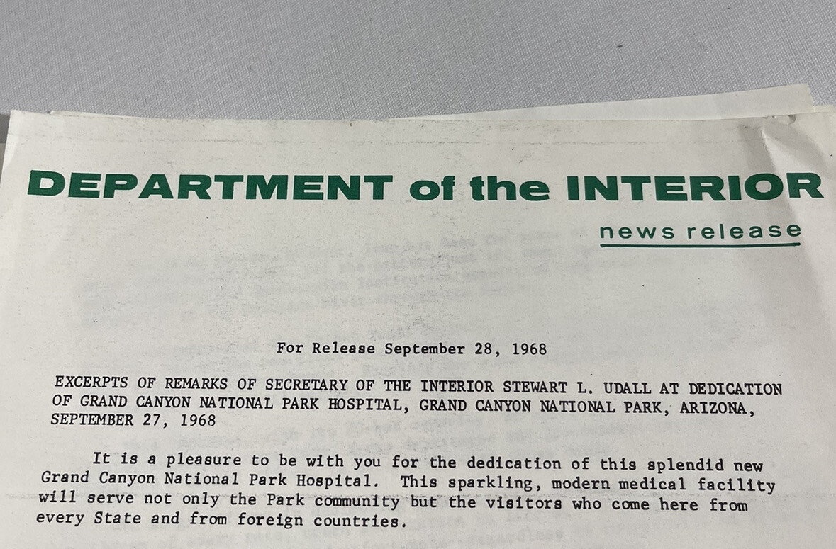 1968 Grand Canyon National Park Hospital Dedication Announcement Vtg News Memo