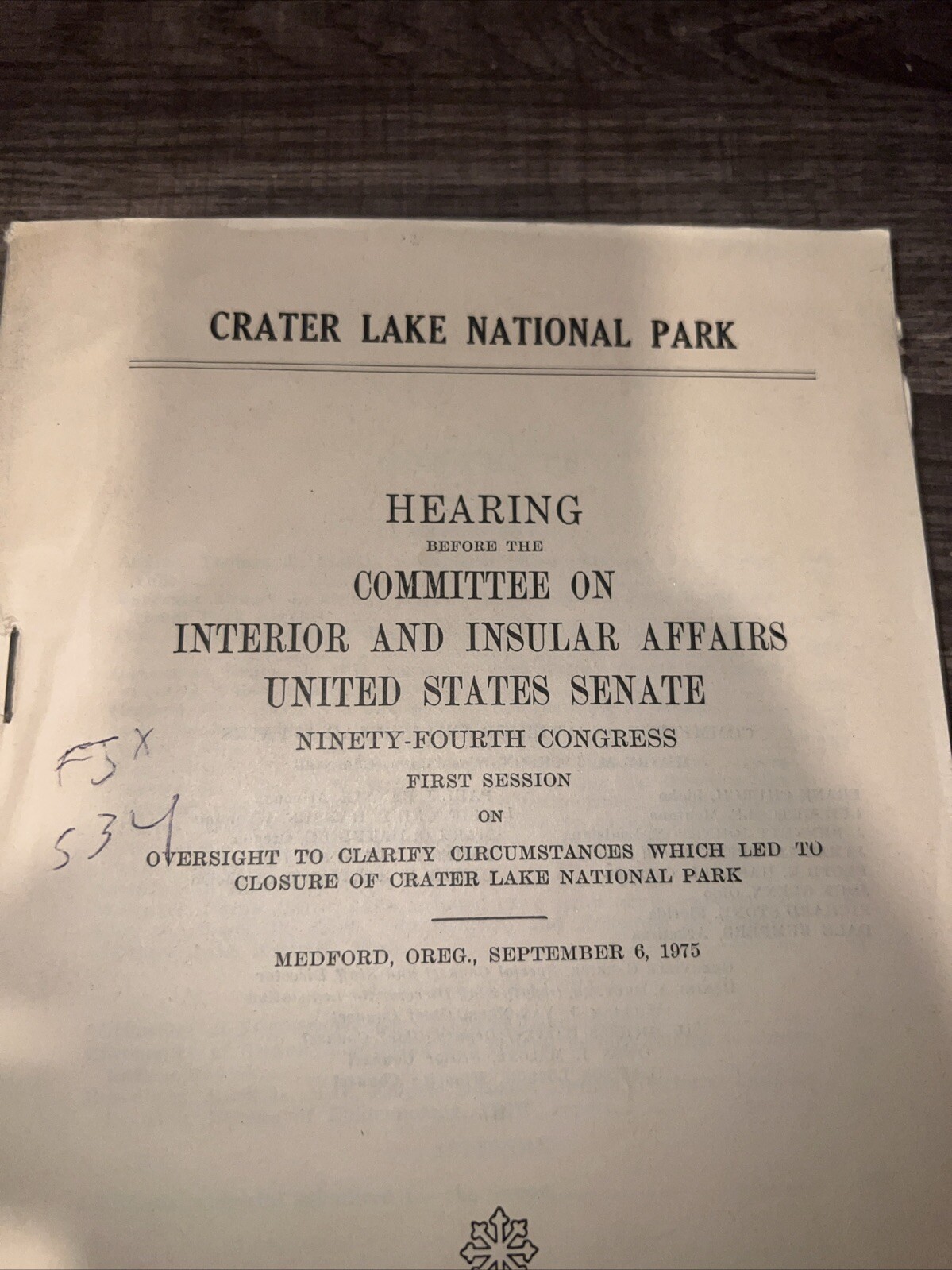 Crater Lake National Park Sep.6,1975 Hearing Book U. S. Senate Washington D.C.10