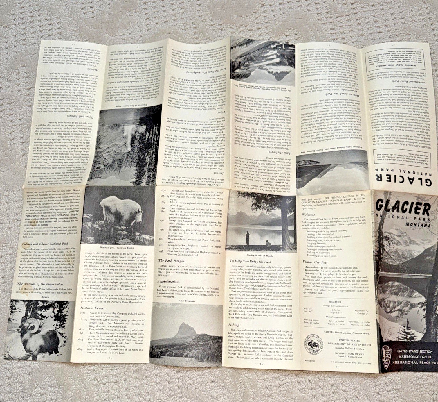 1950s GLACIER NATIONAL PARK Pewter BEAR KEYCHAIN / FOB & Brochure / Map