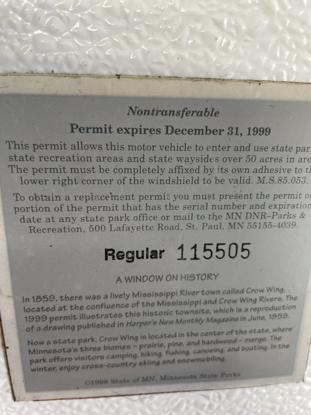 FT1 1999 Crow Wing State Park Minnesota Parks Permit License Annual￼￼
