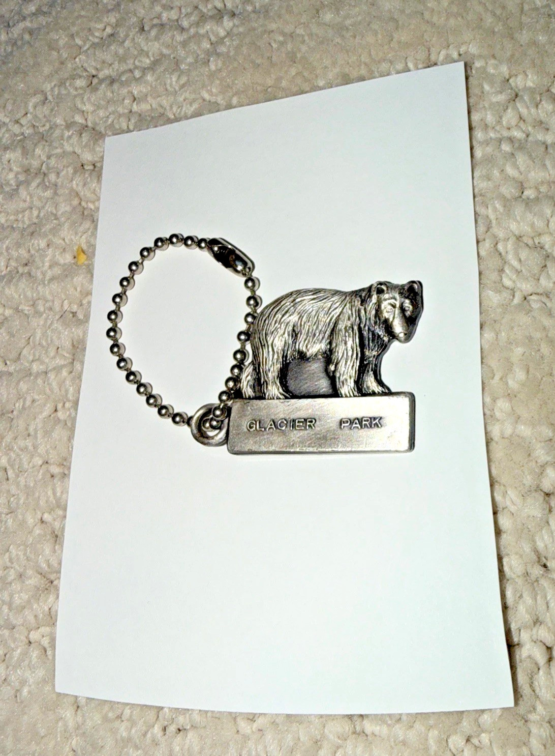 1950s GLACIER NATIONAL PARK Pewter BEAR KEYCHAIN / FOB & Brochure / Map