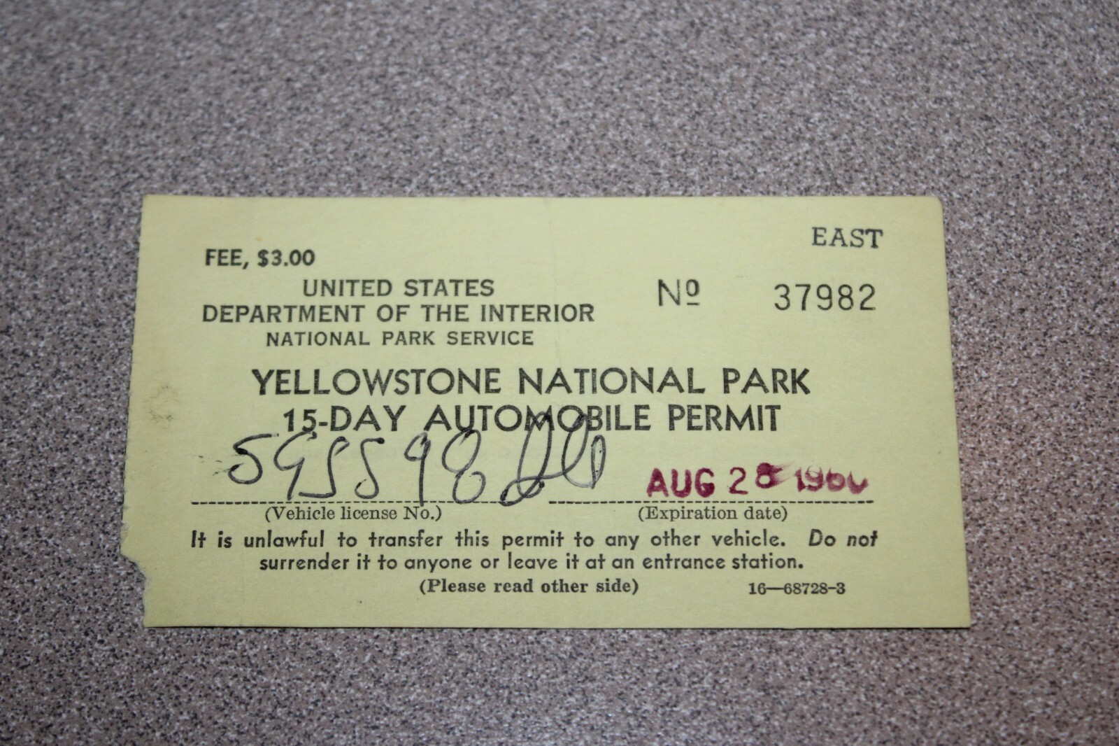 1960 Yellowstone National Park 15-Day Vehicle Permit Car