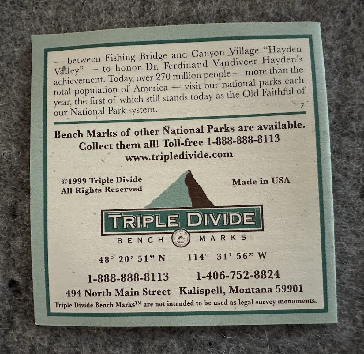 OLD FAITHFUL GEYSER Brass Bench Mark-Triple Divide-Includes Box & Booklet