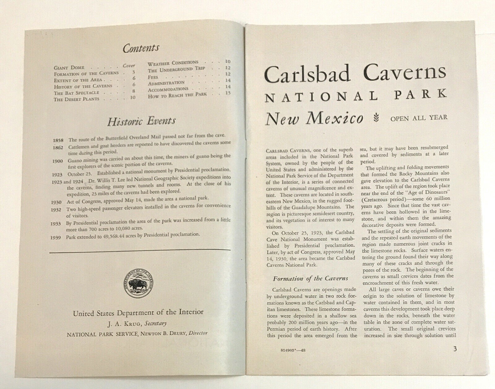 1949 Carlsbad Caverns National Park New Mexico Parks Service Brochure Map