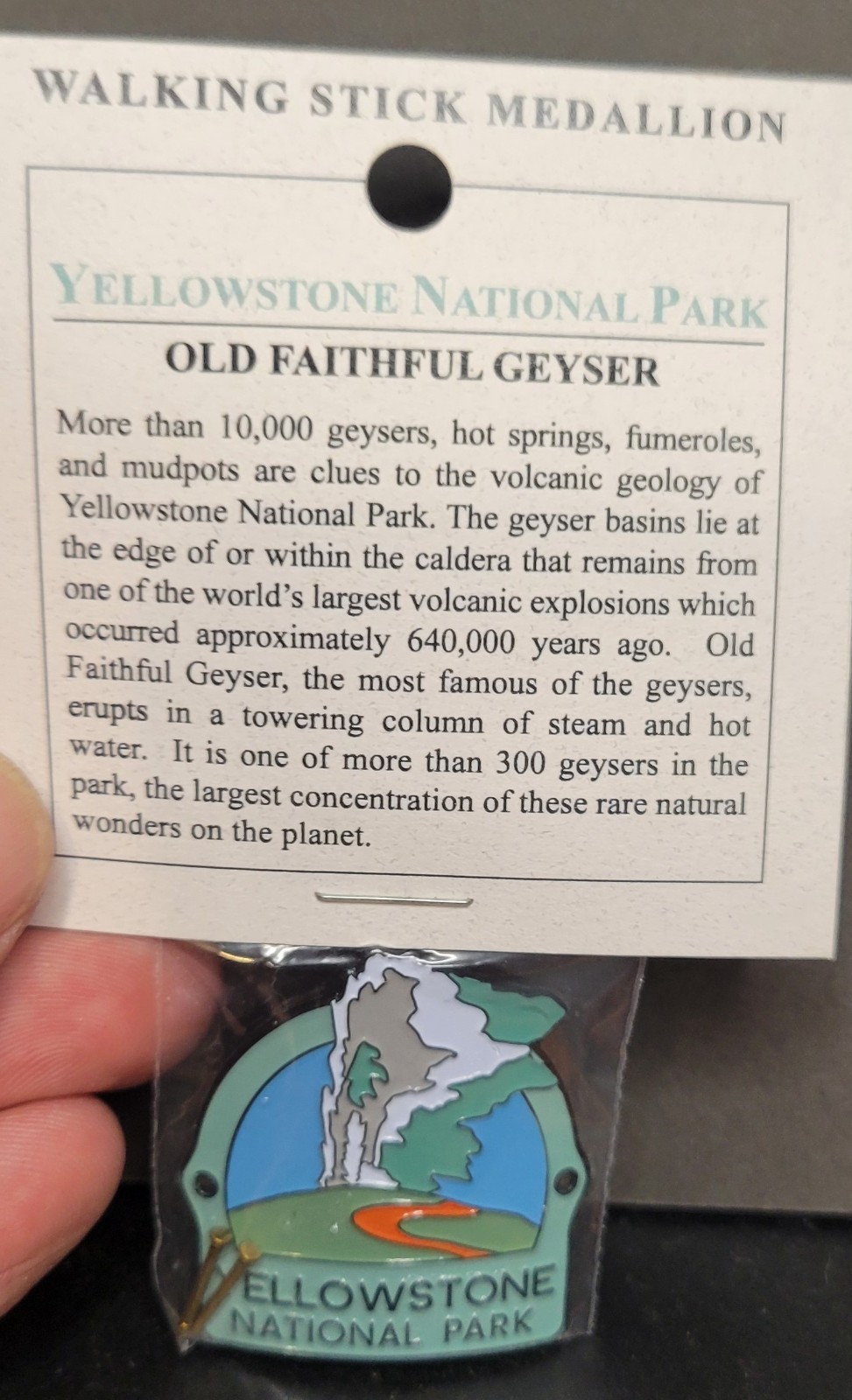 Yellowstone National Park Old Faithful Geyser Walking Stick Medallion