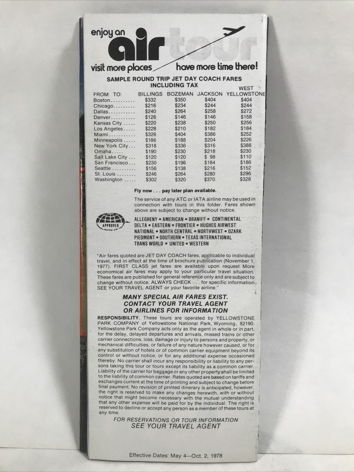 1978 YELLOWSTONE NATIONAL PARK ATC or IATA Air Travel Brochure Tour Guide & Maps