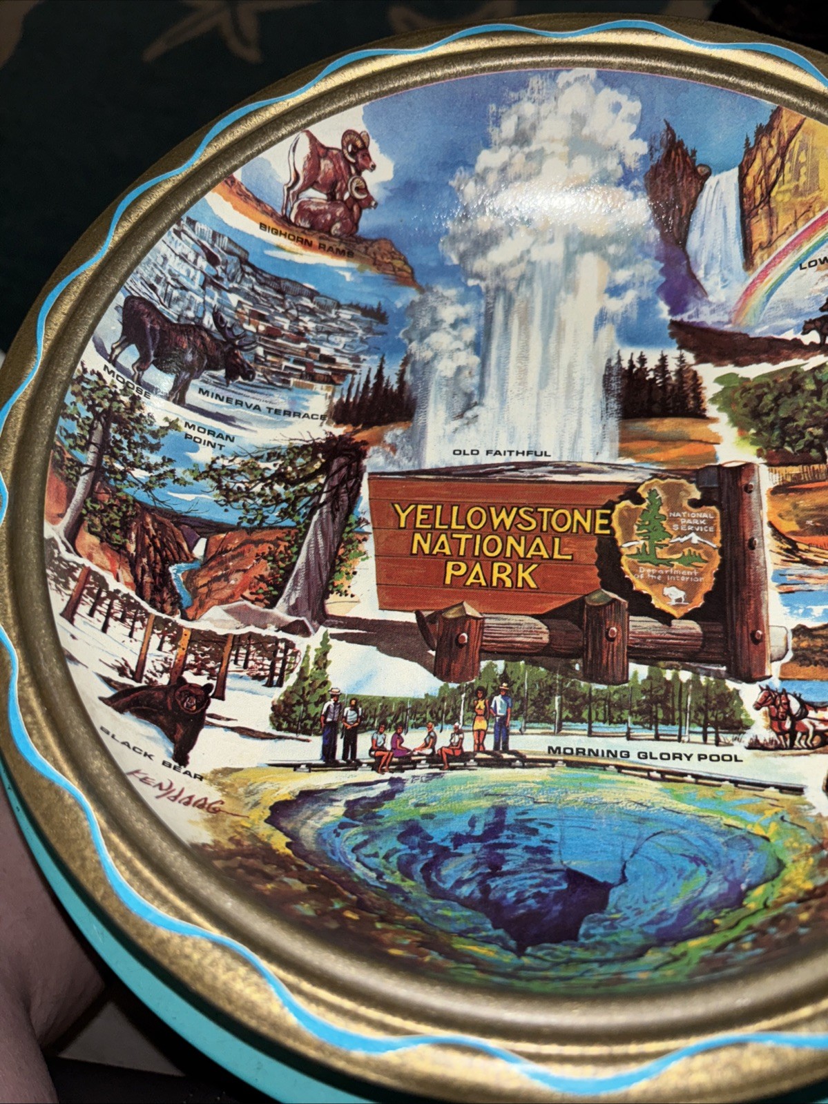 Vintage 1960’s Yellowstone National Park Metal Tin Serving Bowl Artist Ken Haag