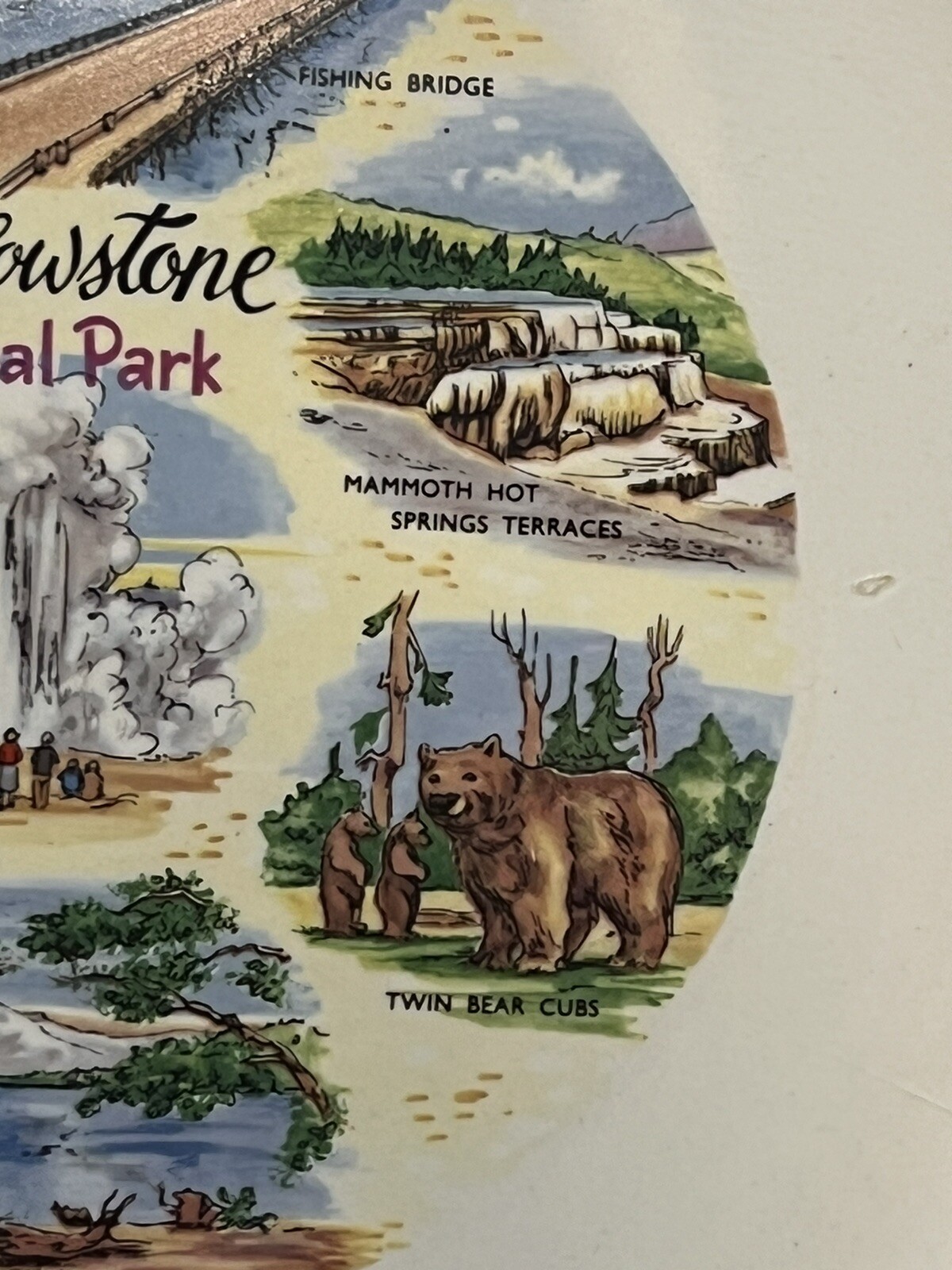 Vintage Yellowstone National Park Souvenir 10 1/4″ Plate Old Faithful Mammoth