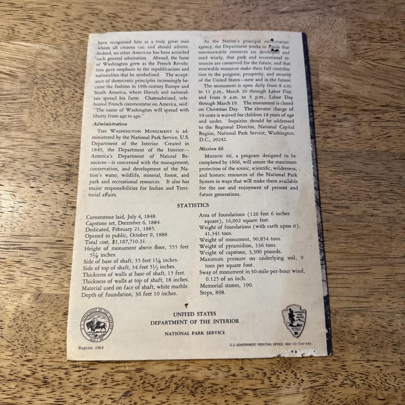 1964 Washington Monument Washington DC Travel Brochure National Park Vintage