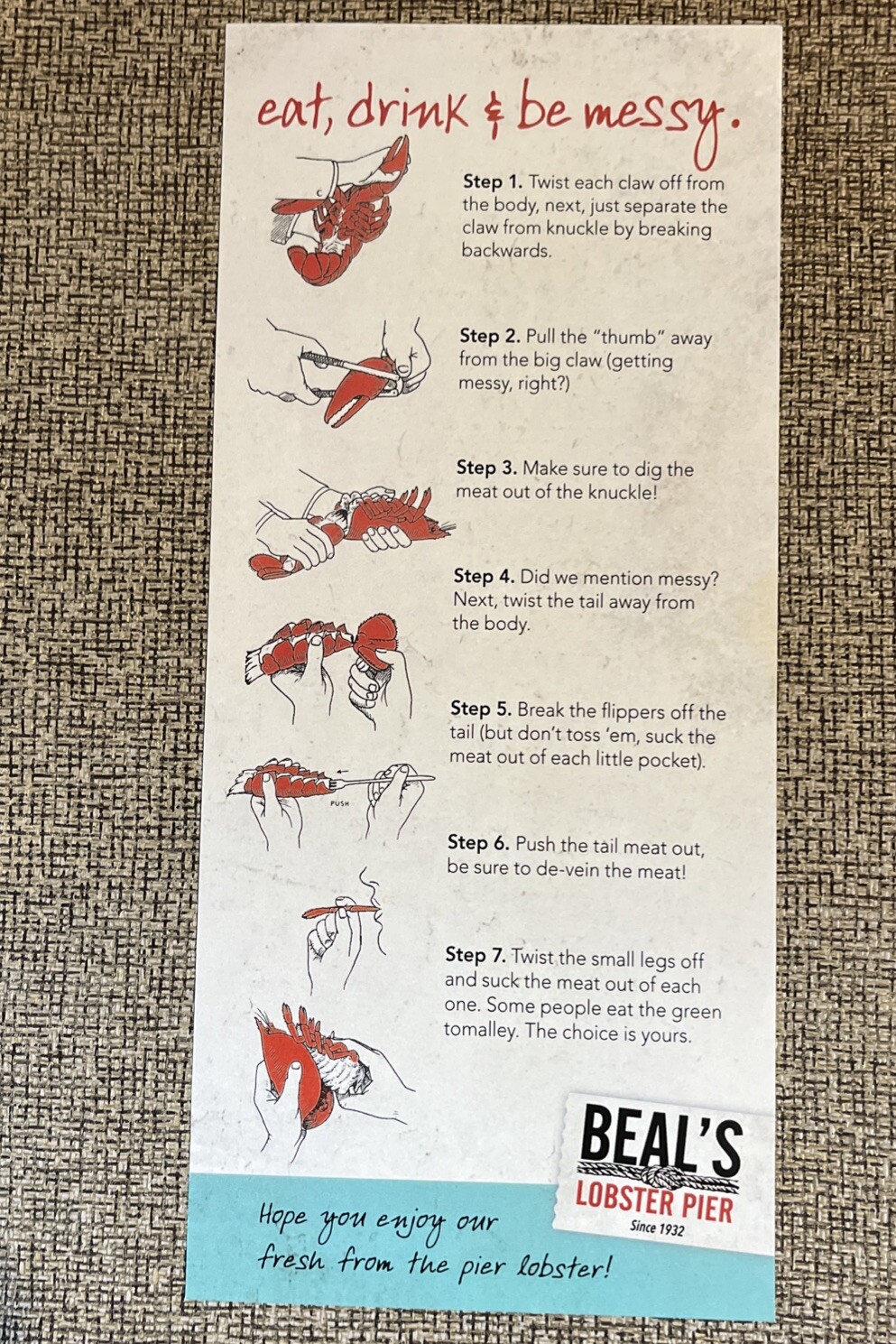 BEAL’S LOBSTER PIER – LOBSTER EATING GUIDE PAMPLET – SOUTHWEST HARBOR MAINE 2021