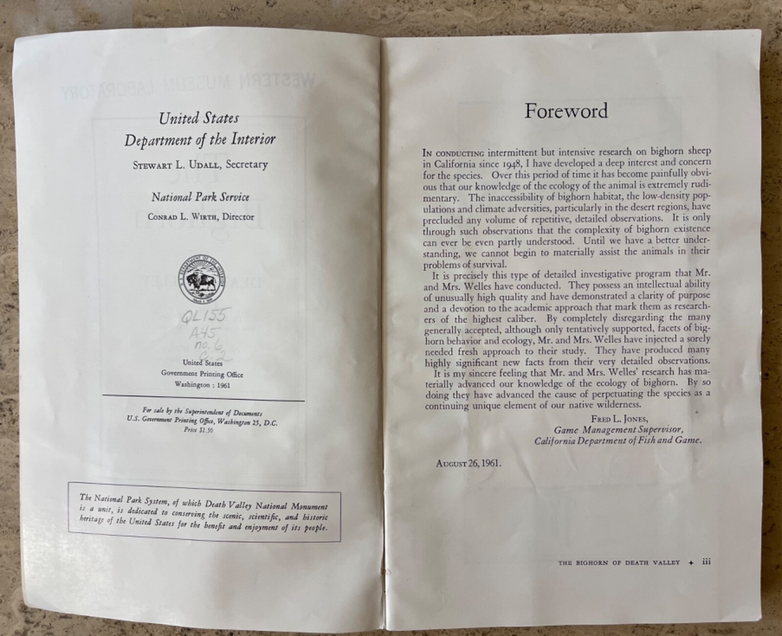 1961 DEATH VALLEY MAP + THE BIGHORN OF DEATH VALLEY-NATIONAL PARK SERVICE LAB