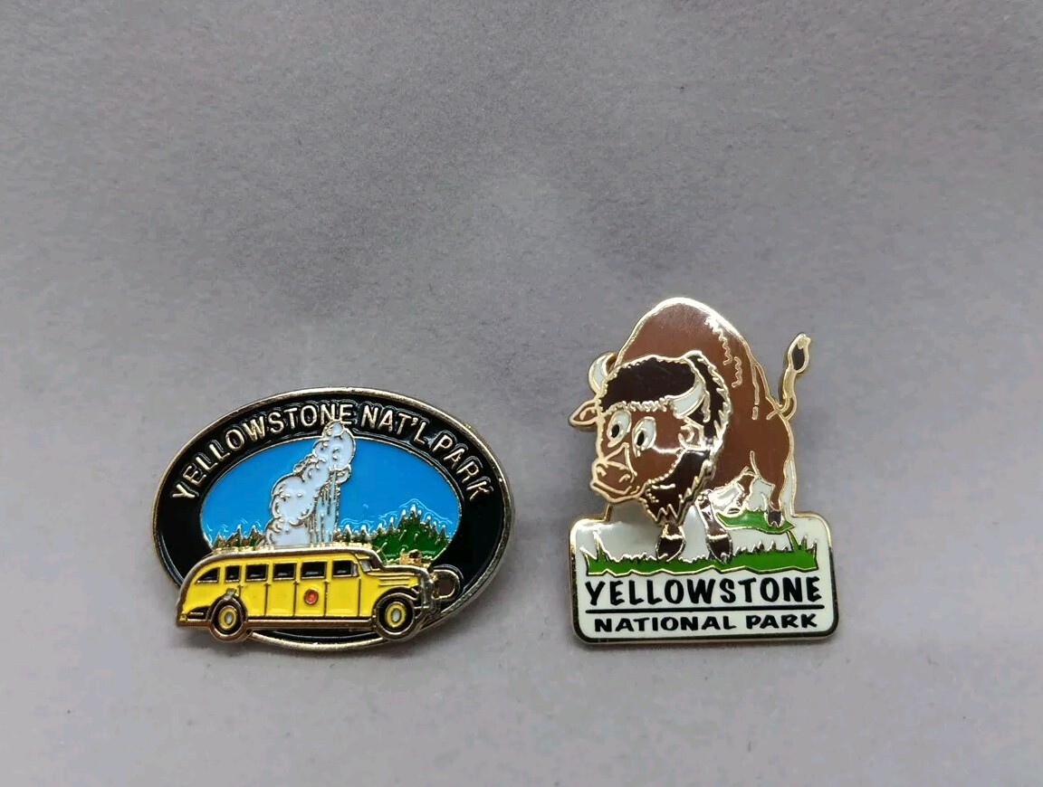 (2) YELLOWSTONE NATIONAL PARK Vintage Souvenir Pins Buffalo Old Faithful Geyser
