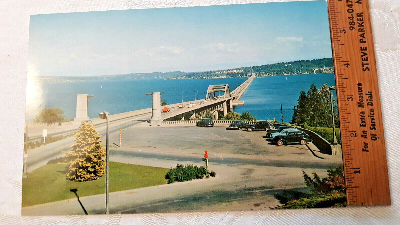 Lake Washington floating bridge Large Postcard WA 6″ x 9″ Old cars 1950s