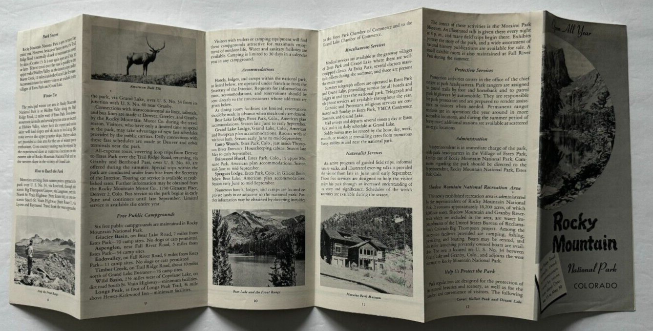 Vintage 1953 Colorado Rocky Mountain National Park Brochure Map illustrated