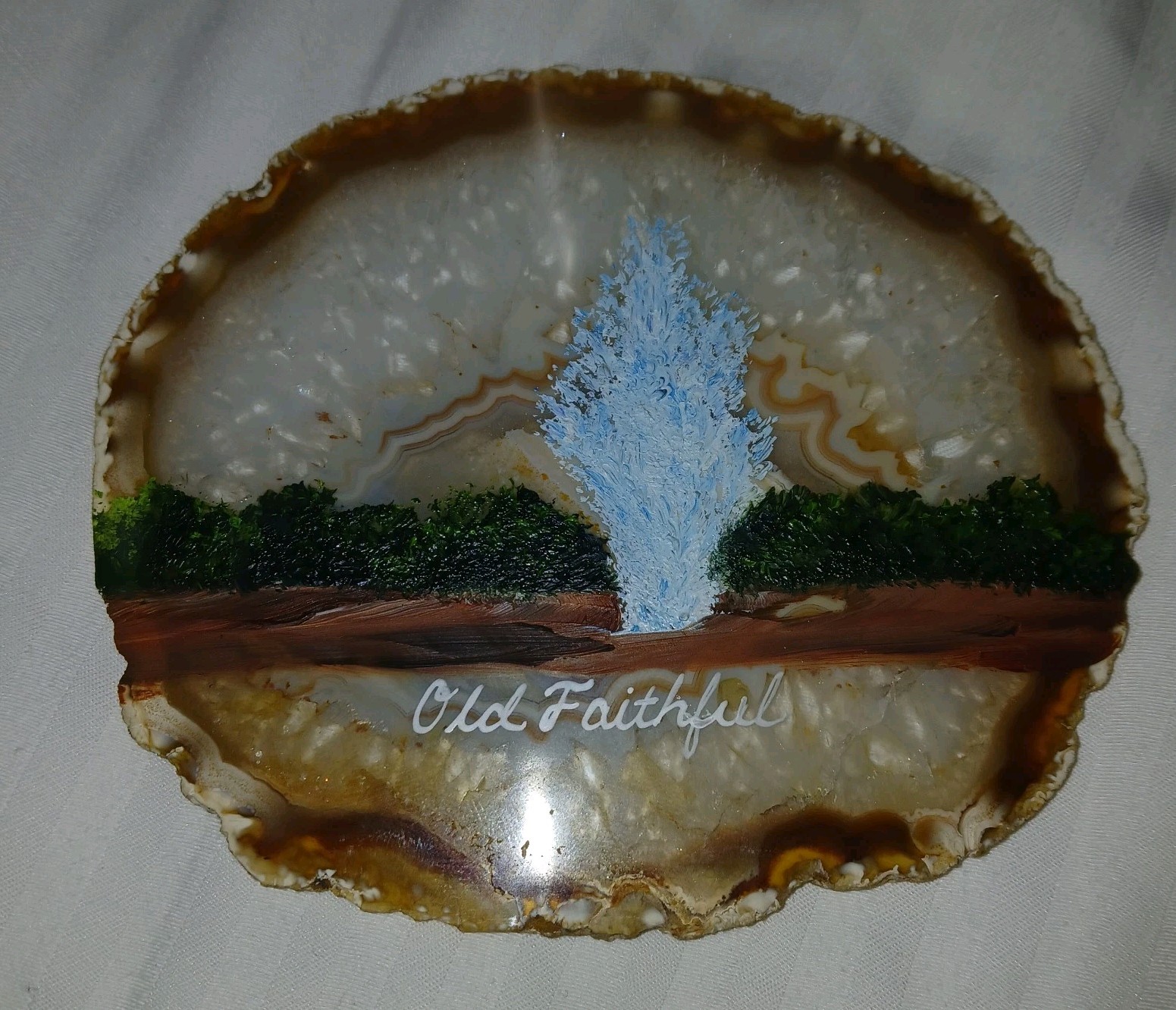 Geode Crystal Agate Slice Hand Painted Old Faithful Geyser Yellowstone Ntl Park
