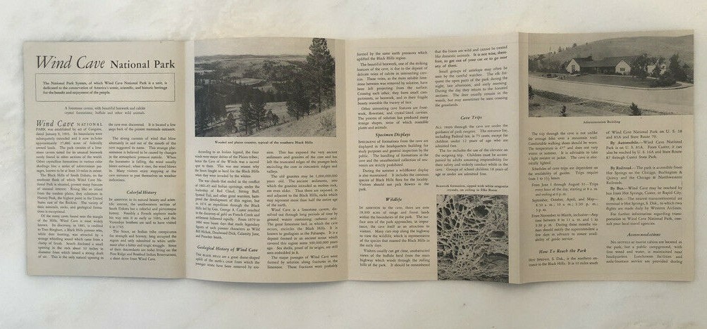 1954 WIND CAVE NATIONAL PARK South Dakota BUFFALO Map Vintage Travel
