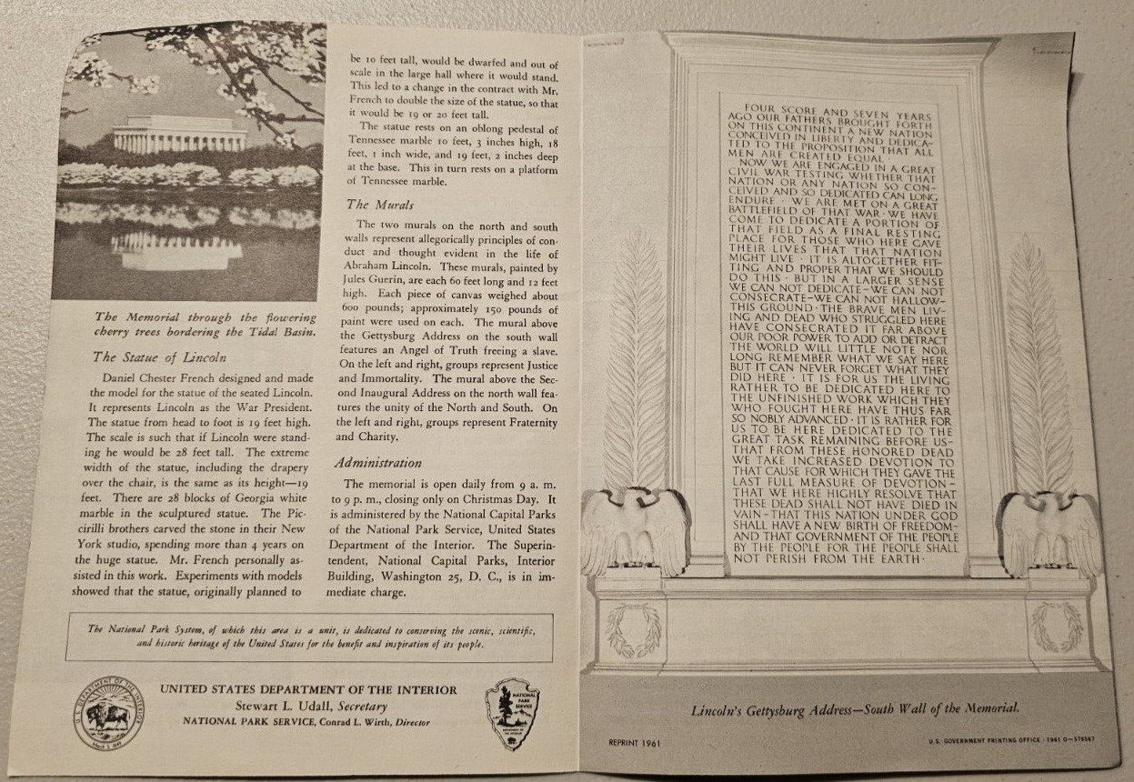 Official 1961 National Park Service LINCOLN MEMORIAL Pamphlet Washington D.C.