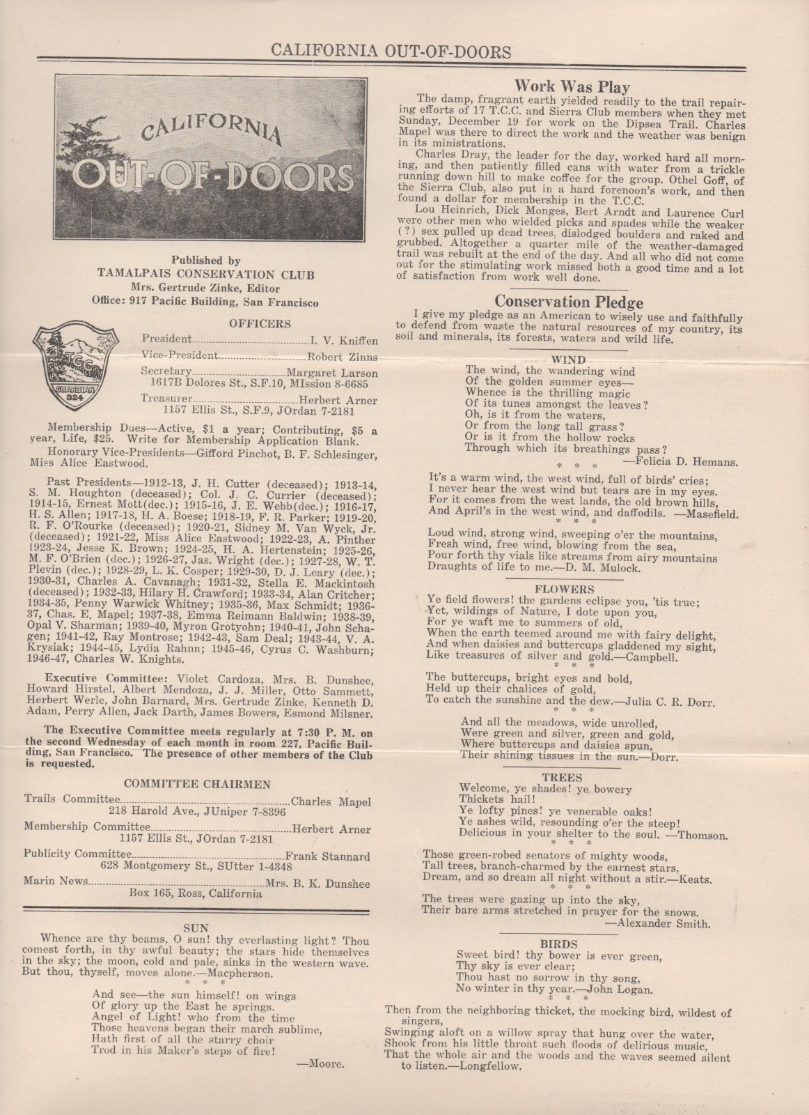 1949 Issue of ” California out of Doors ” Tamalpais Conservation Club ” Marin Co