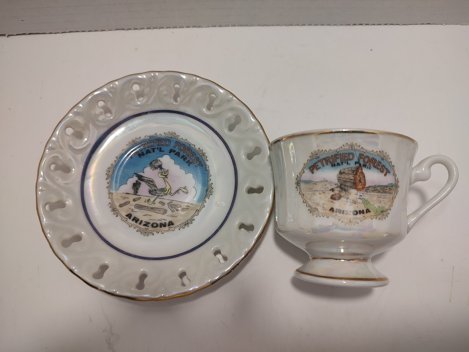 🔥 Vintage Petrified Forest Nat’l Park Souvenir Teacup & Saucer Pearlescent