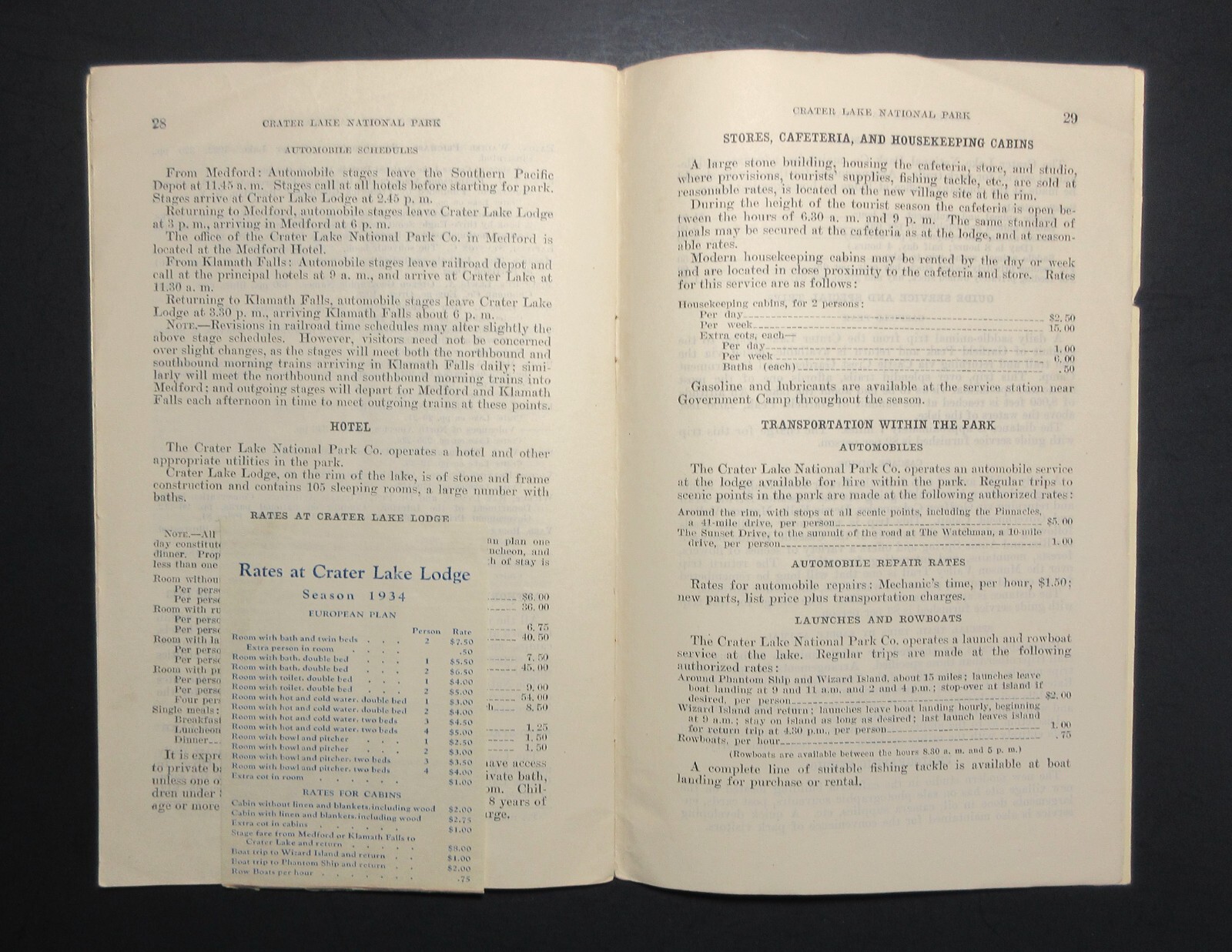1933 Crater Lake National Park Guide Pamphlet with Map and 1934 Room Rate Update