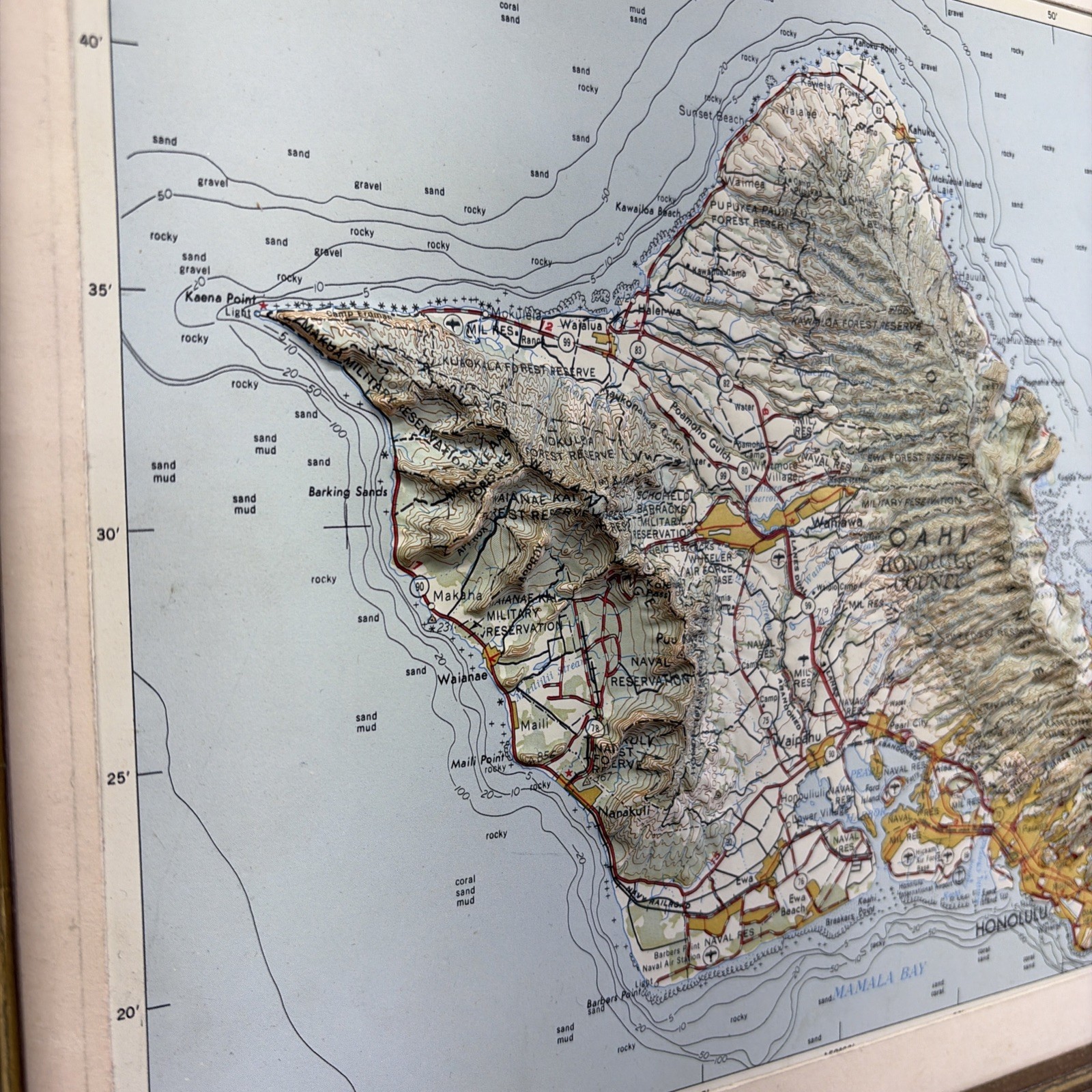 Raised Relief Map of the island of Oahu, Hawaii Honolulu 3D Framed Vintage