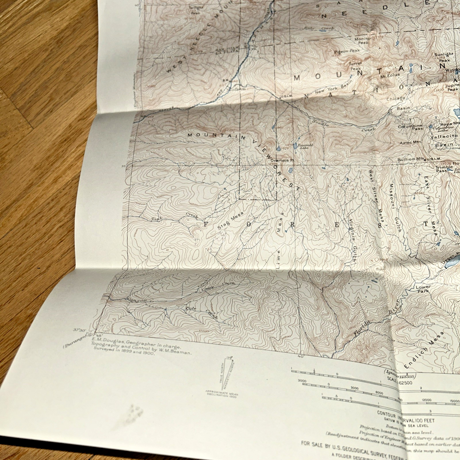 1960s COLORADO NEEDLE MOUNTAINS U.S. GEOLOGICAL SURVEY Map 17″ X 21″