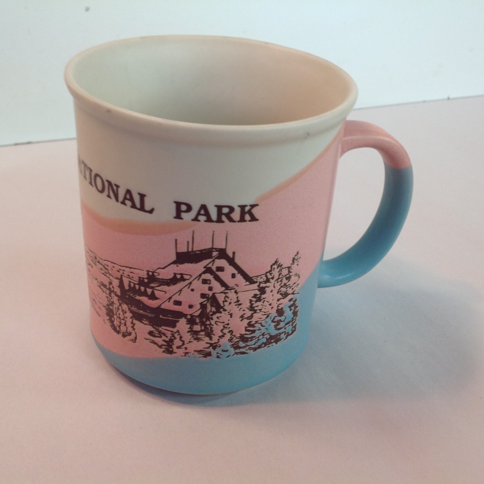 Vintage Souvenir Coffee Mug Yellowstone National Park Pink Blue Cream Buffalo US