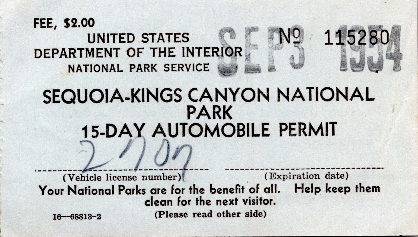 1954 Sequoia-Kings Canyon National Park Automobile Permit Ticket Stub #61