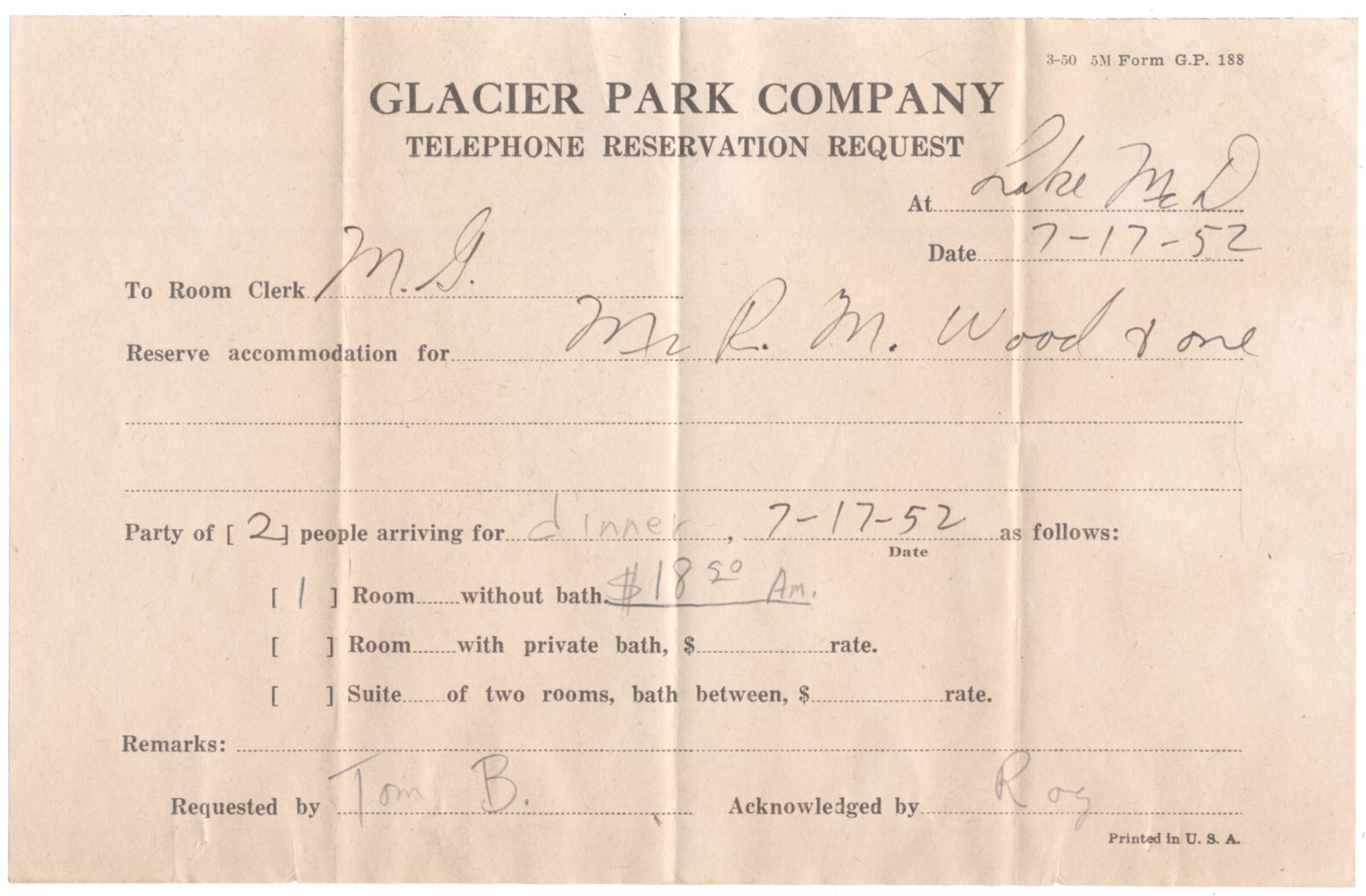 1952 Glacier Park Company Telephone Reservation Request Dinner Room Reservation