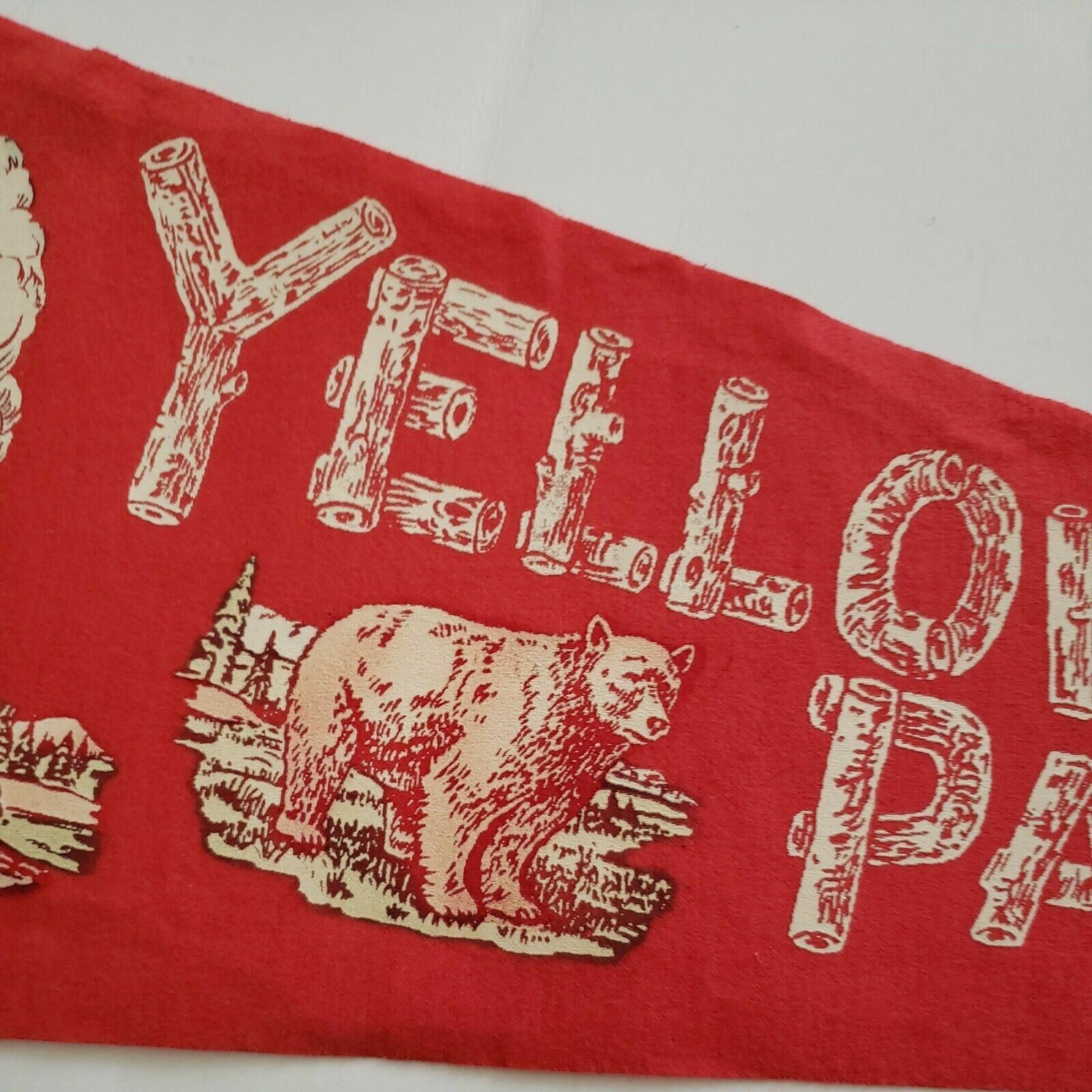 Vintage red souvenir Yellowstone Park Old Faithful Geyser Bear Pennant Felt Flag