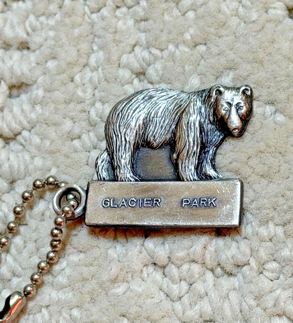 1950s GLACIER NATIONAL PARK Pewter BEAR KEYCHAIN / FOB & Brochure / Map