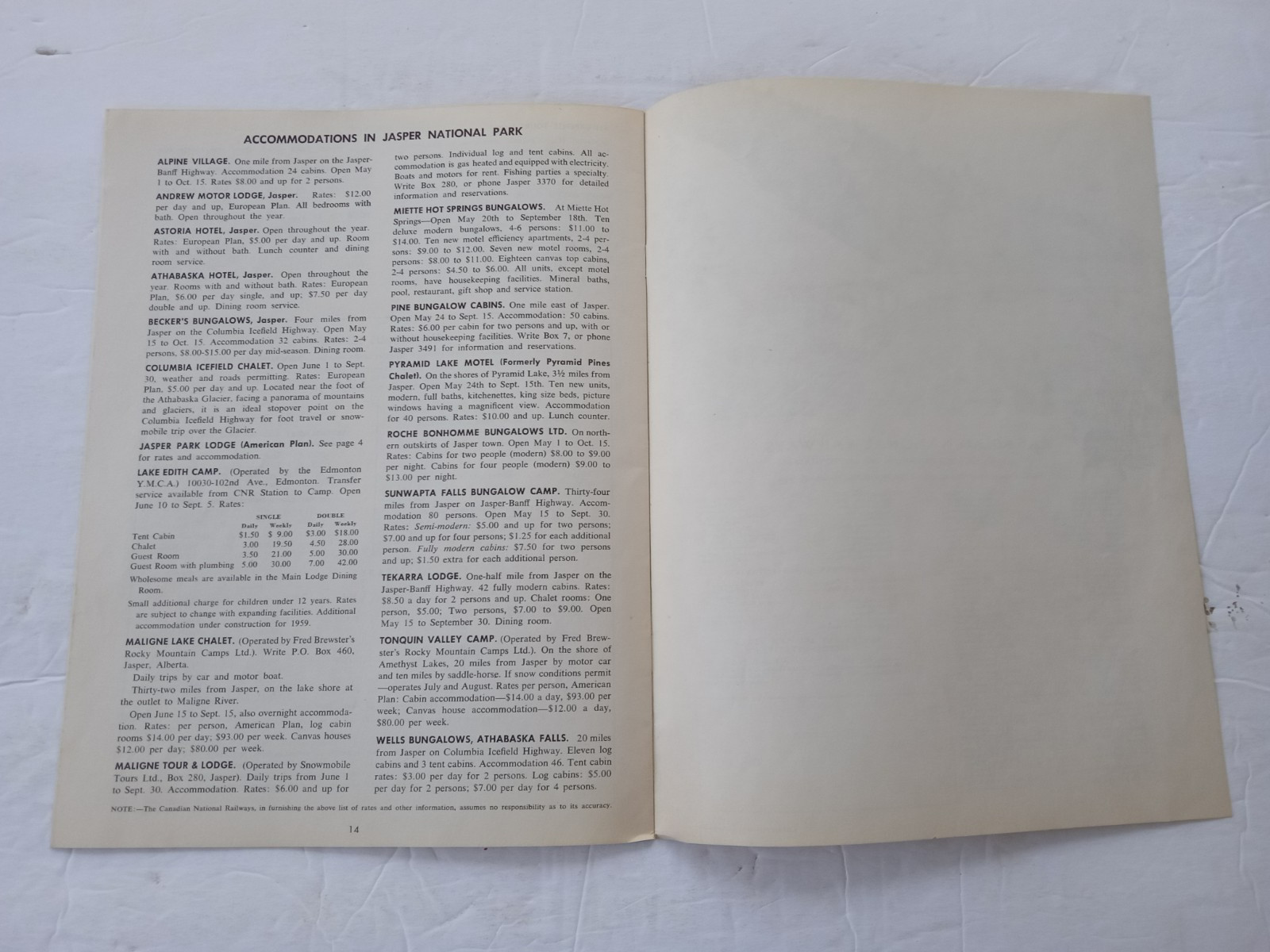 JASPER PARK LODGE Alberta 1959 Rates Information Book Canadian National Railways