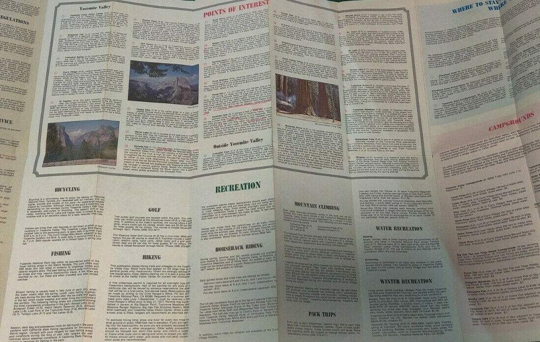 1977 GUIDE TO YOSEMITE NATIONAL PARK & VALLEY Fold-Out Map AAA Southern CA