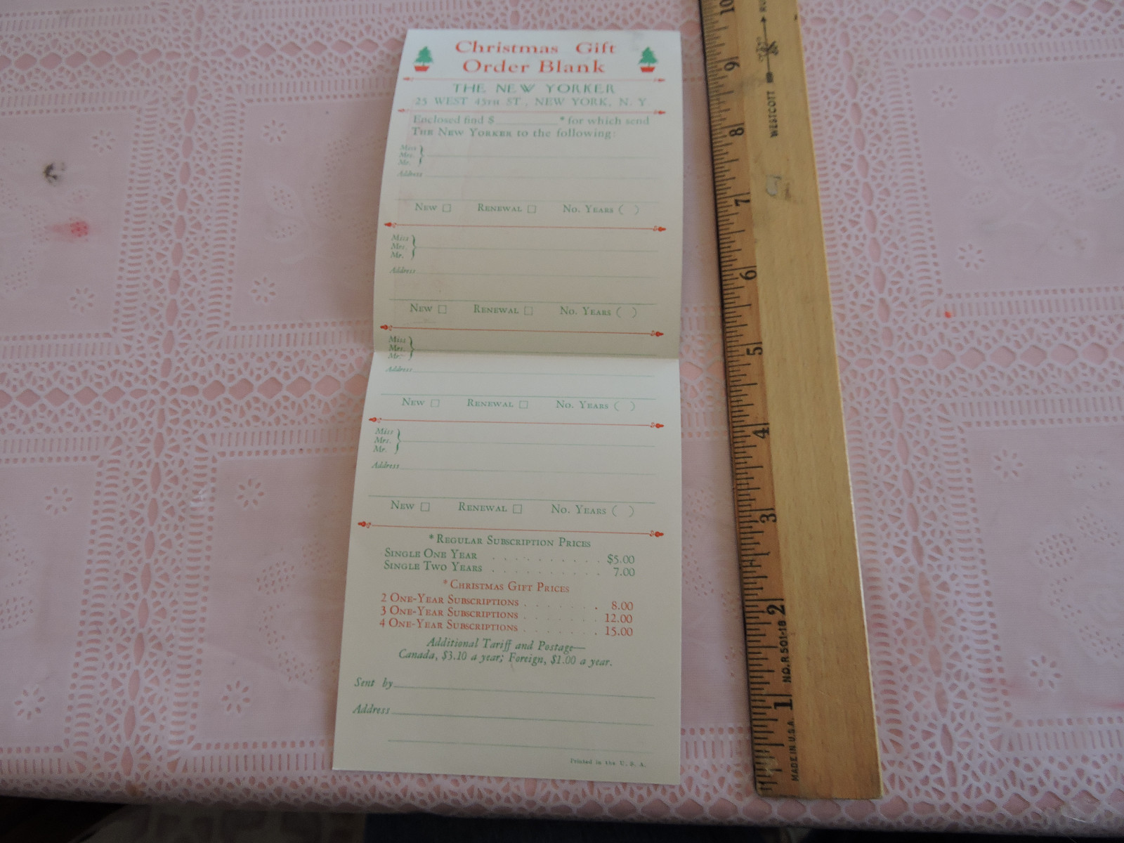 Rare 1930s – ’50s THE NEW YORKER Magazine NYC New York City Signed subscrip Form