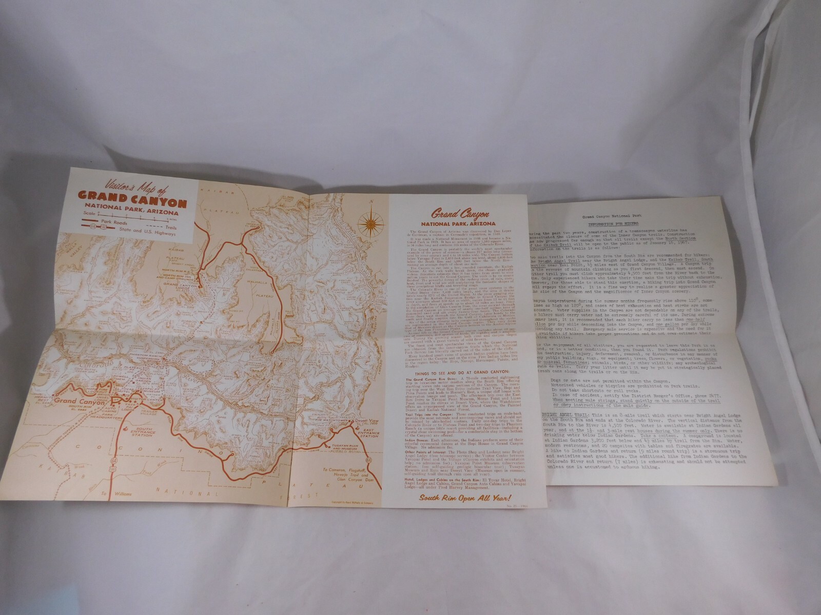 Grand Canyon National Park Map and Information/Guide for Hikers 1967