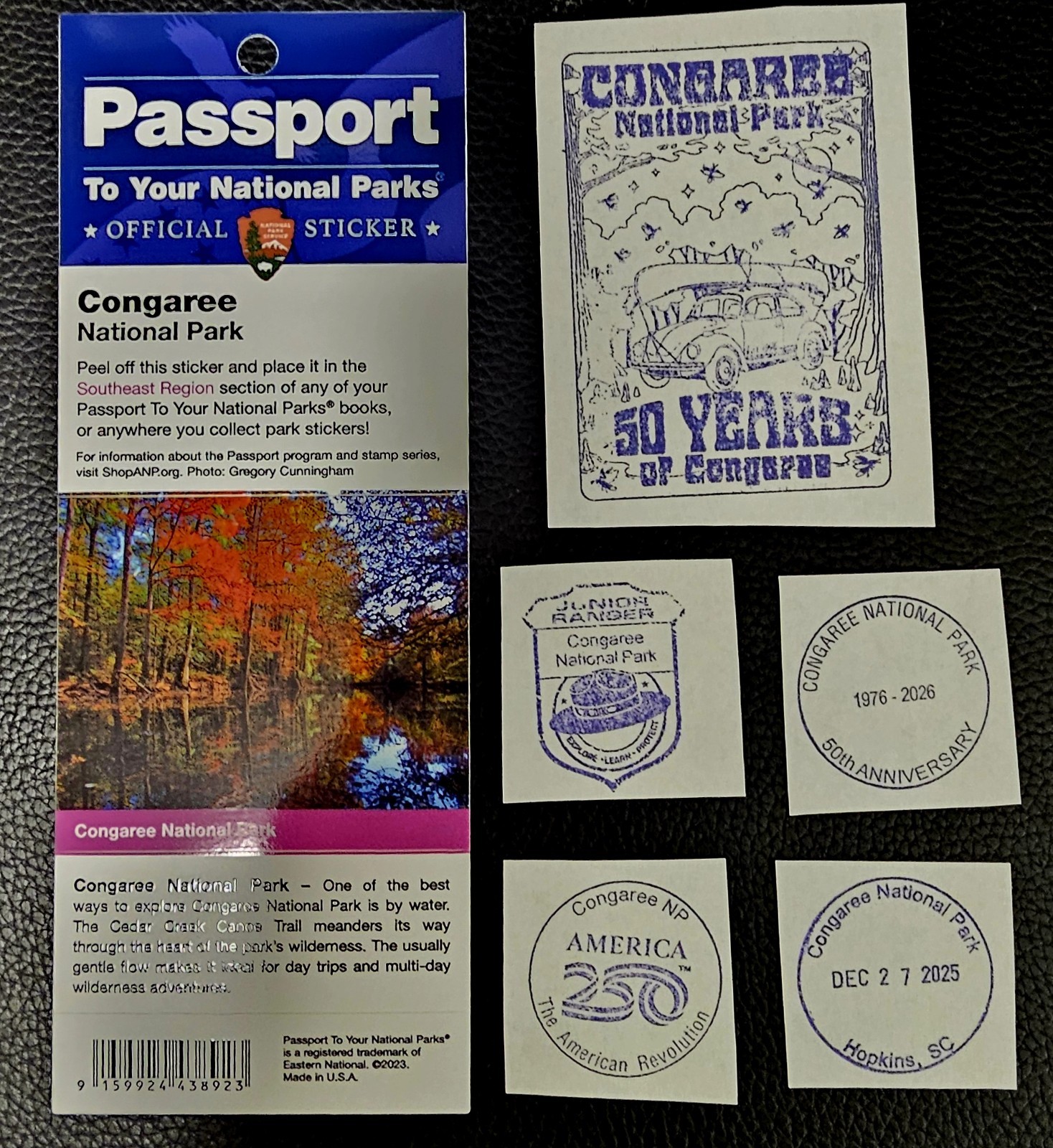Congaree NP Passport Cancelation Stamps & National Passport Sticker