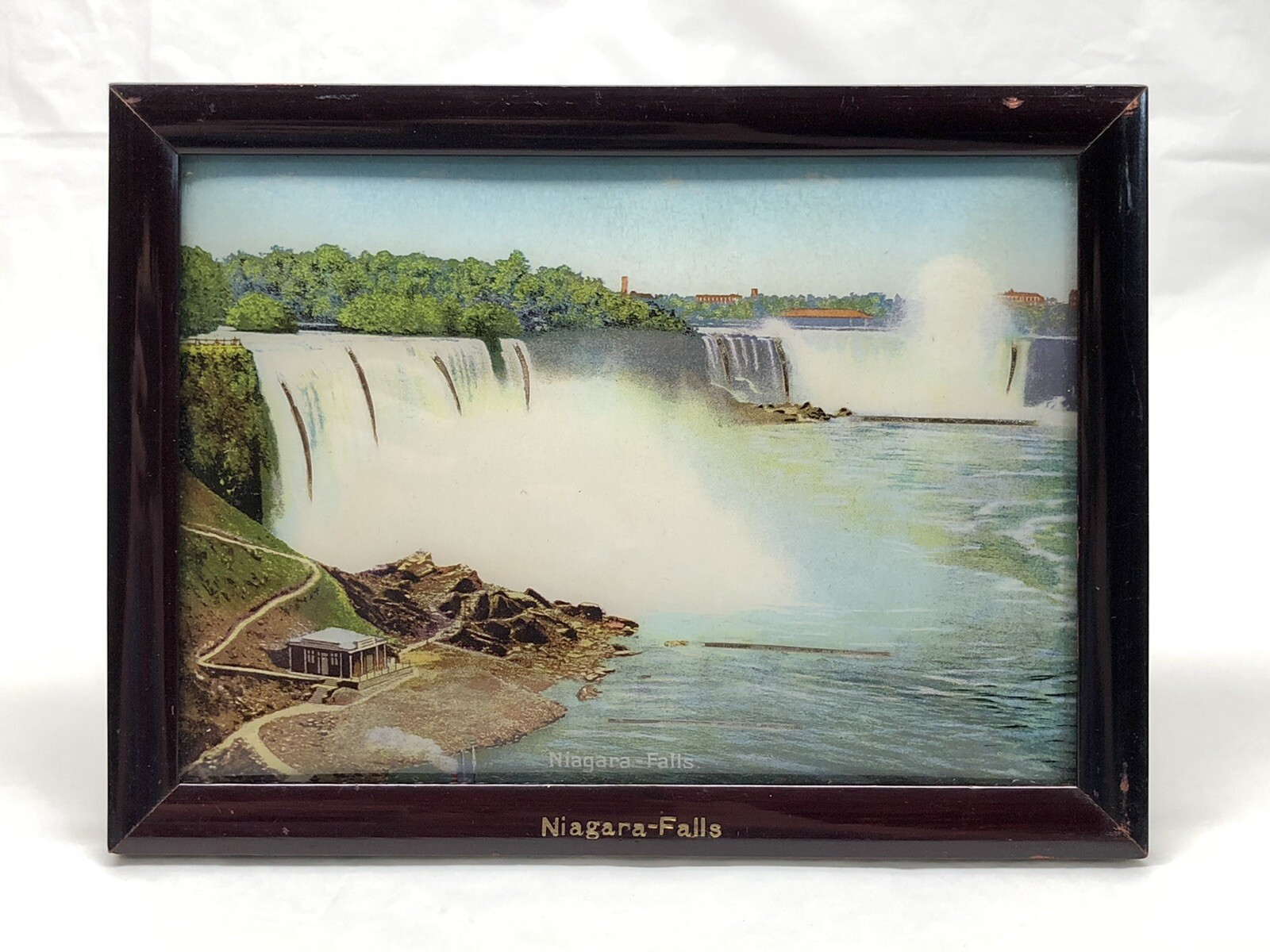 VTG Niagara Falls Lithograph Print Curved Glass Picture Wood Frame Stand Germany