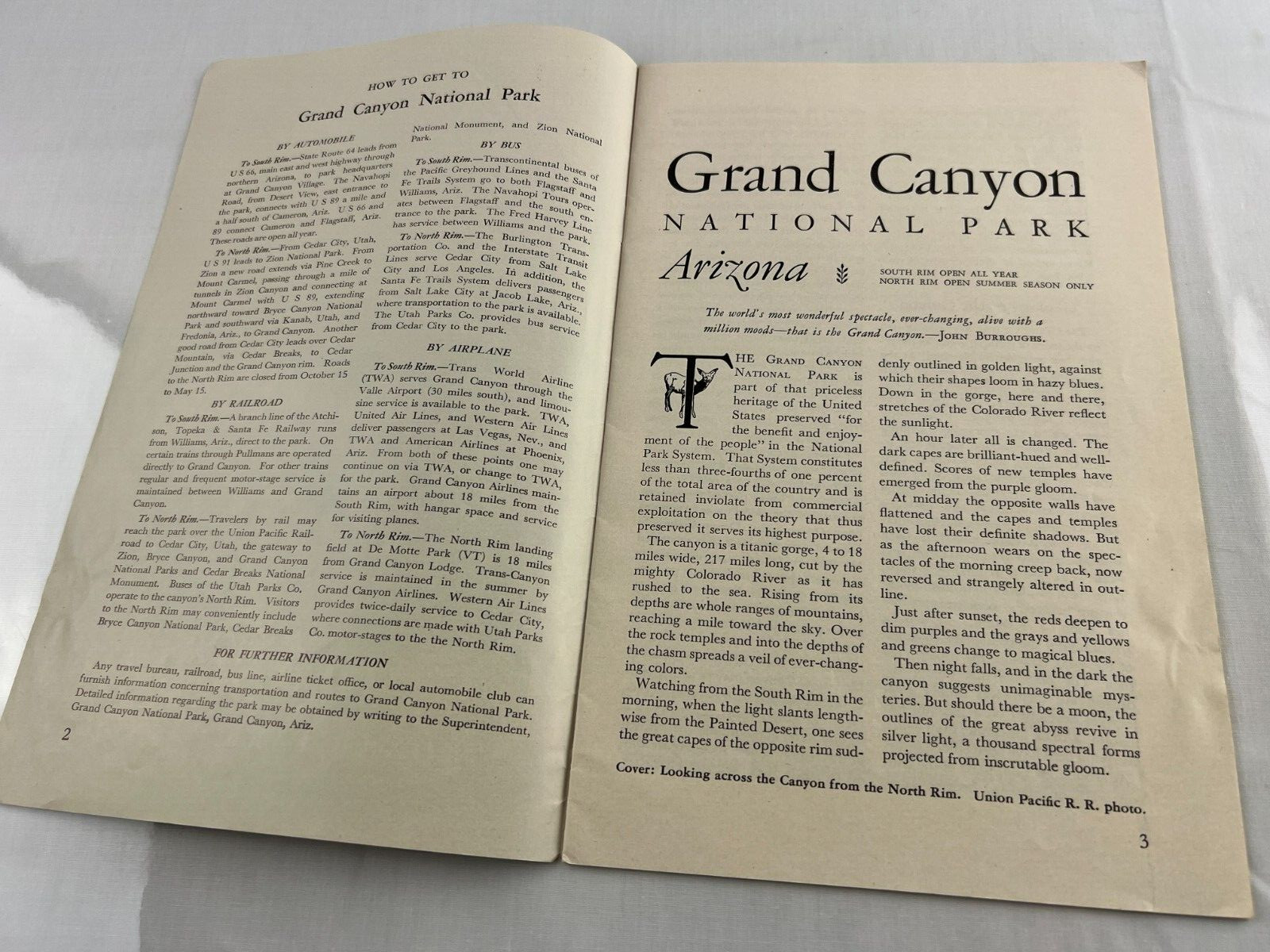 1951 Grand Canyon National Park in Arizona Visitors Guide Brochure